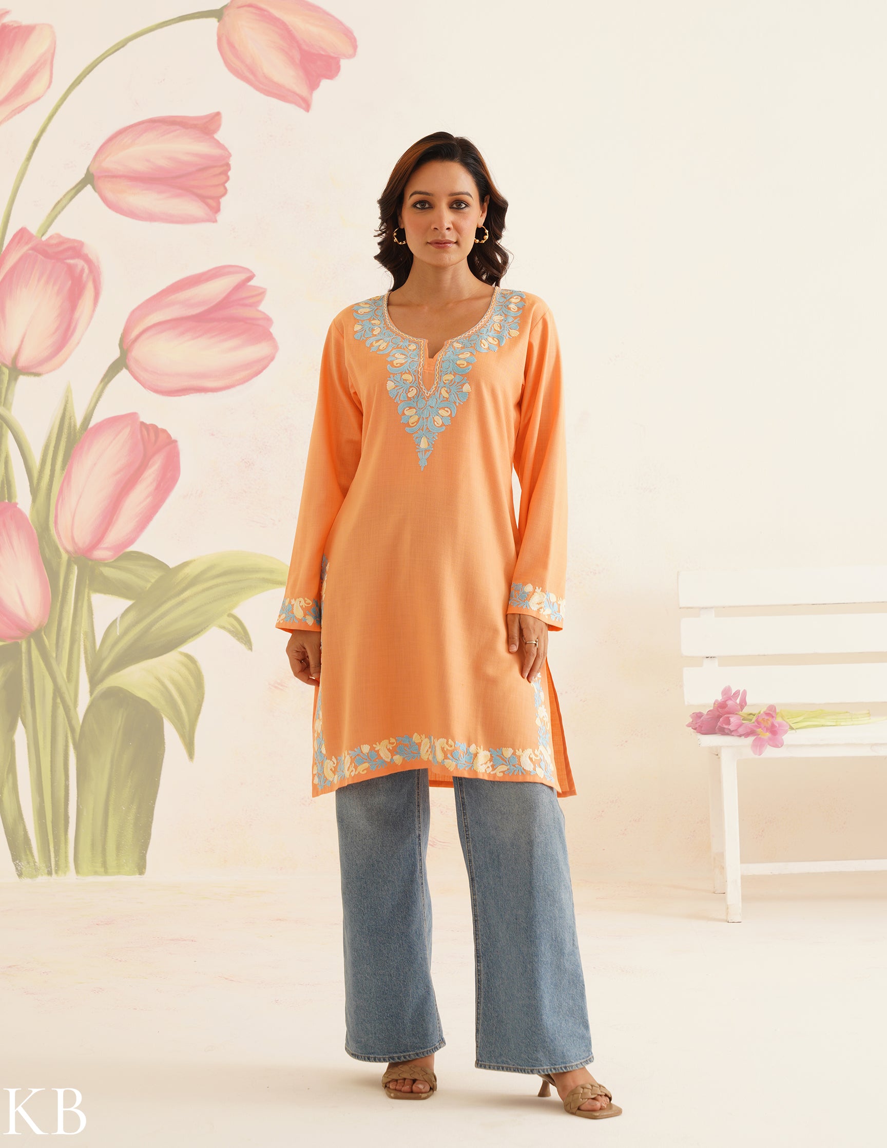 Peach Cotton Kurti with Blue Floral Embroidery | Bahaar Collection 2025 - Kashmir Box