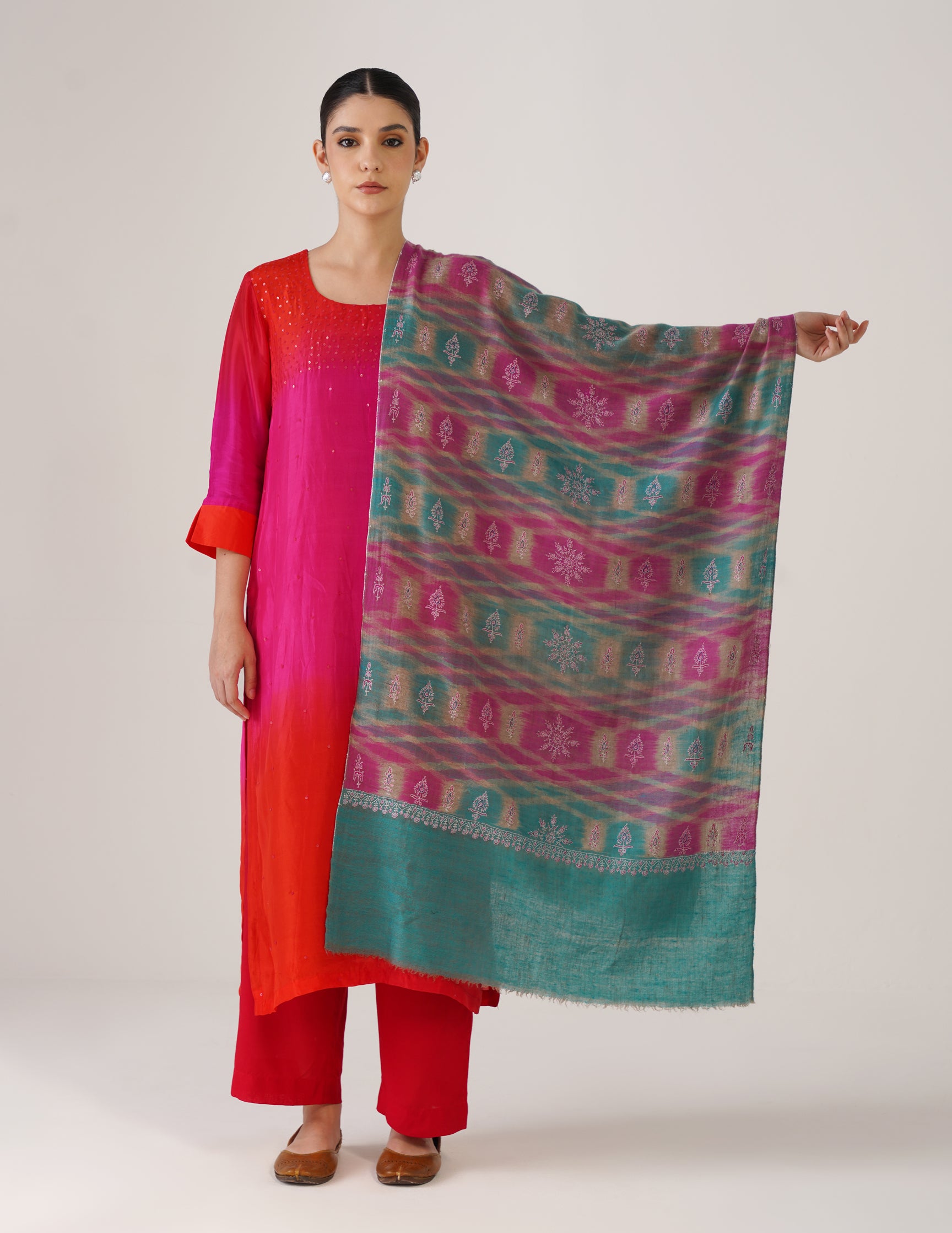 Kashmiri Handwoven Pashmina Sozni Stole Modern Ikkat – Turquoise & Purple | Handwoven Heritage - Kashmir Box