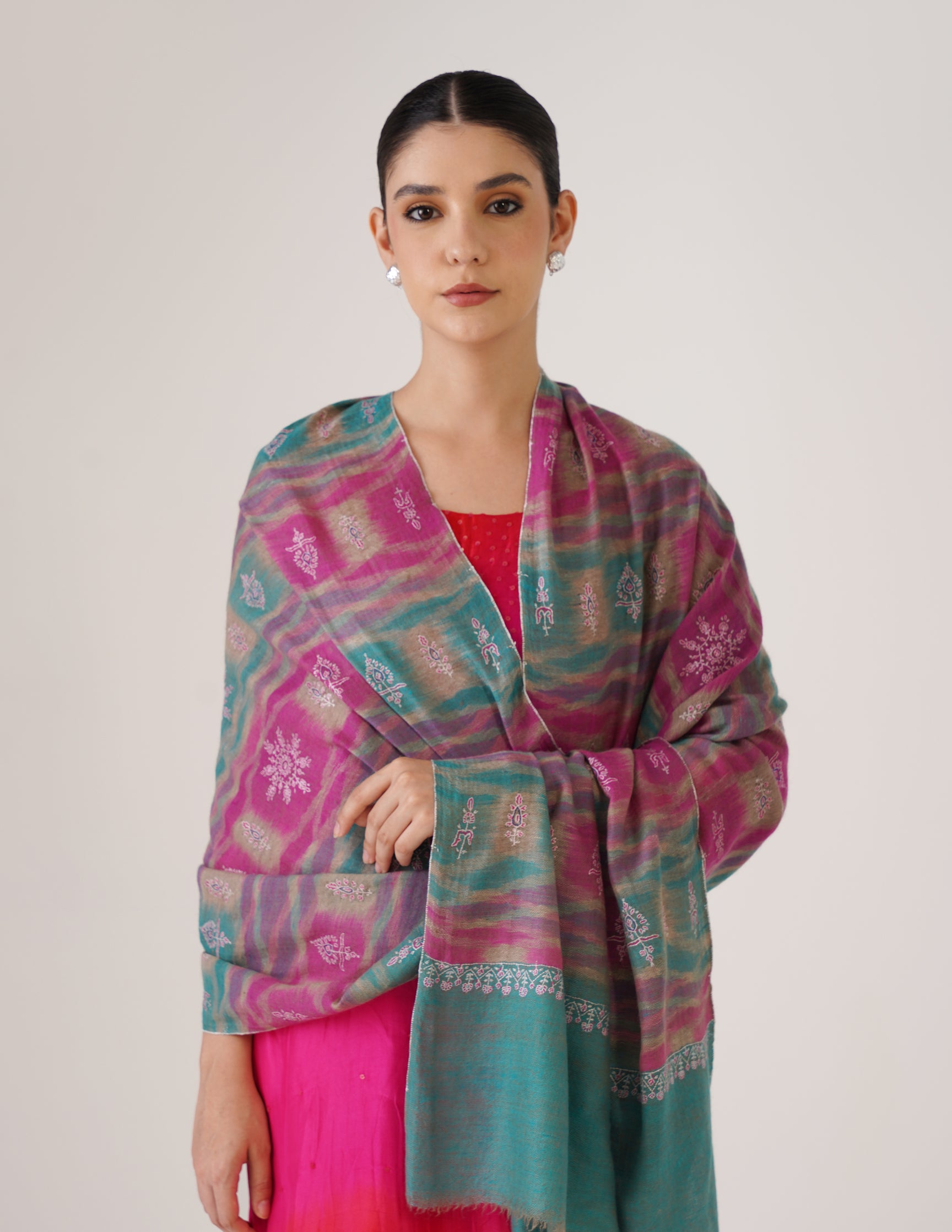 Kashmiri Handwoven Pashmina Sozni Stole Modern Ikkat – Turquoise & Purple | Handwoven Heritage - Kashmir Box