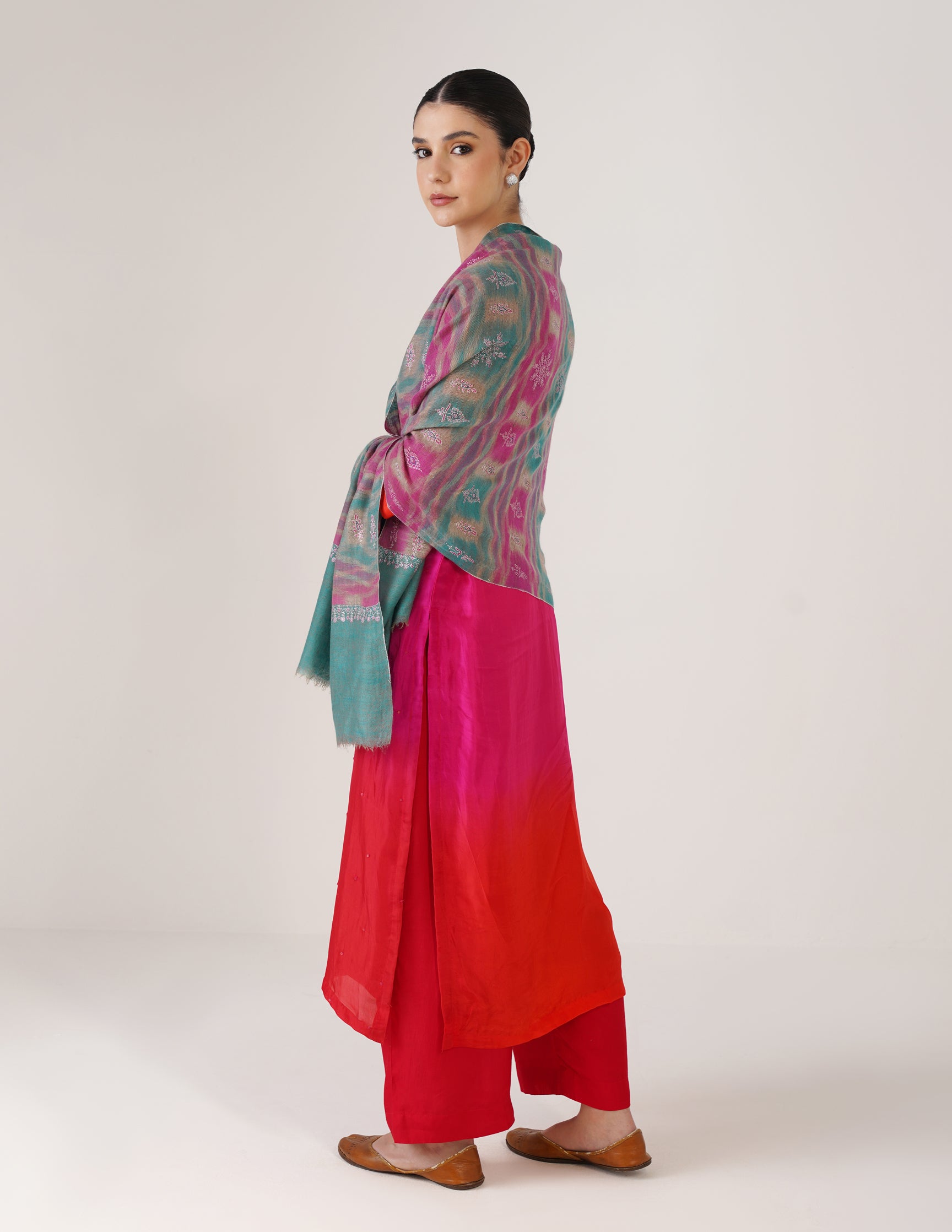 Kashmiri Handwoven Pashmina Sozni Stole Modern Ikkat – Turquoise & Purple | Handwoven Heritage - Kashmir Box