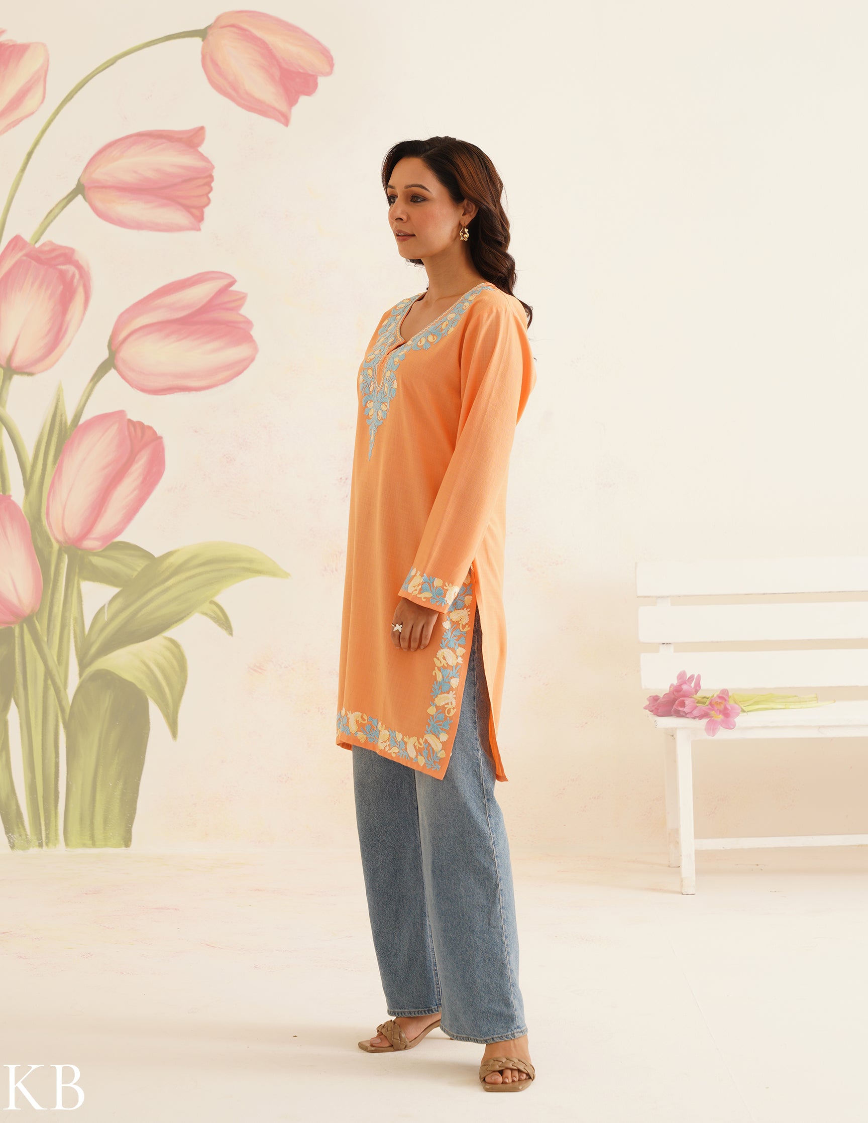 Peach Cotton Kurti with Blue Floral Embroidery | Bahaar Collection 2025 - Kashmir Box