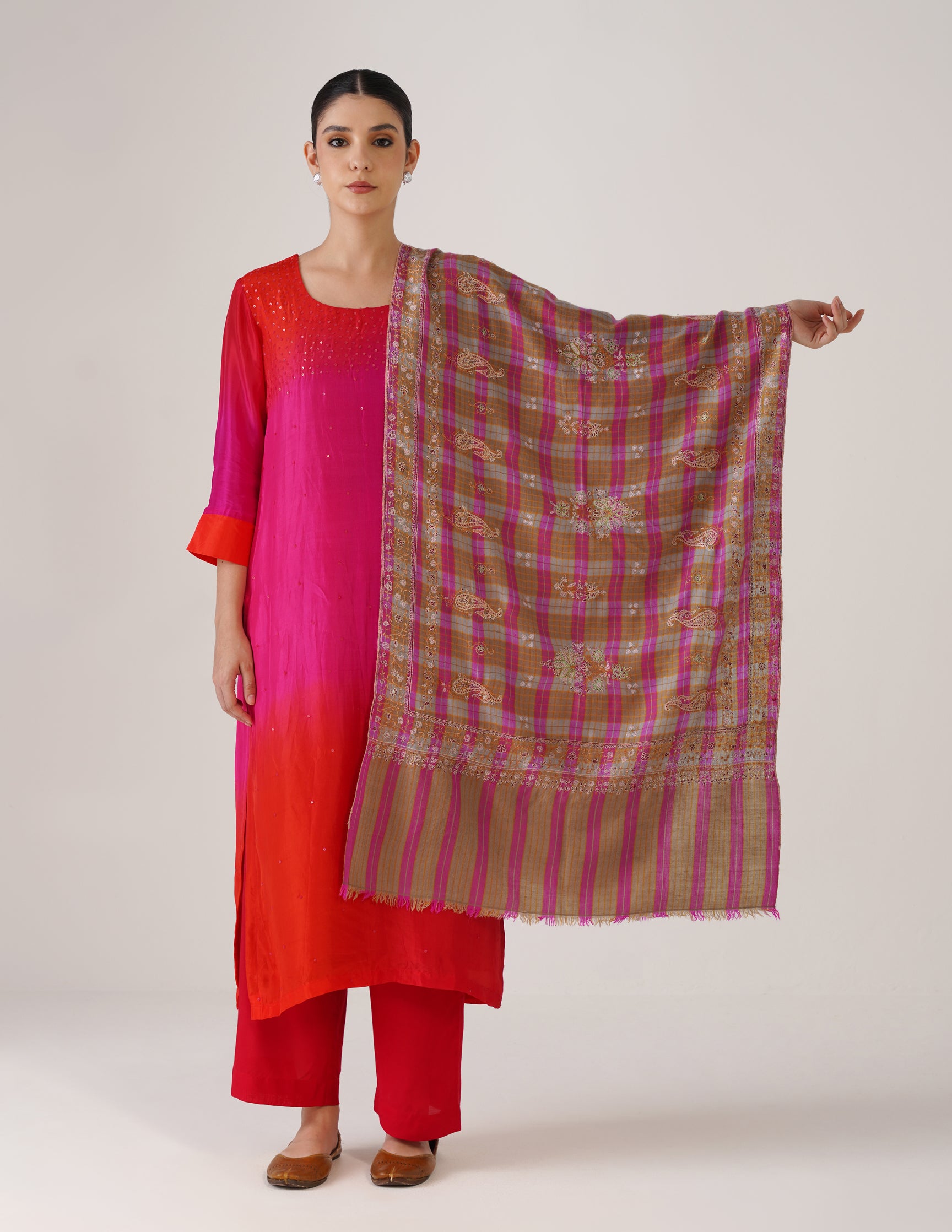 Kashmiri Handwoven Pashmina Sozni Stole Modern Check – Brown & Purple | Handwoven Heritage - Kashmir Box
