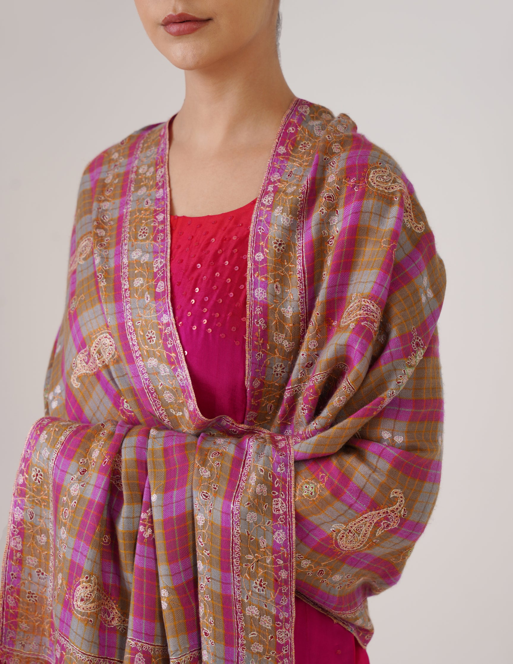 Kashmiri Handwoven Pashmina Sozni Stole Modern Check – Brown & Purple | Handwoven Heritage - Kashmir Box