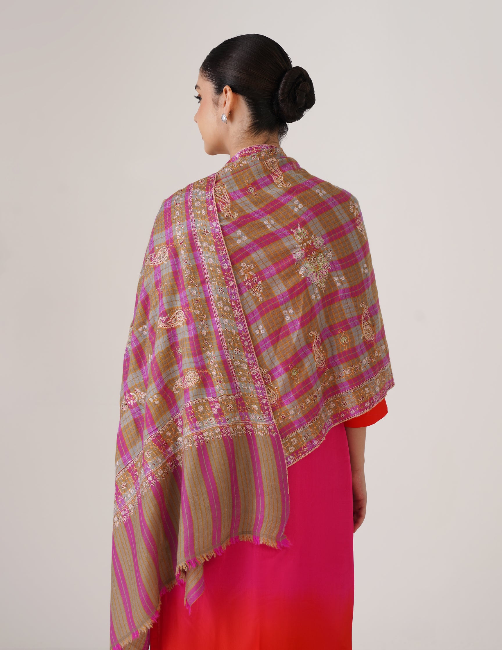 Kashmiri Handwoven Pashmina Sozni Stole Modern Check – Brown & Purple | Handwoven Heritage - Kashmir Box