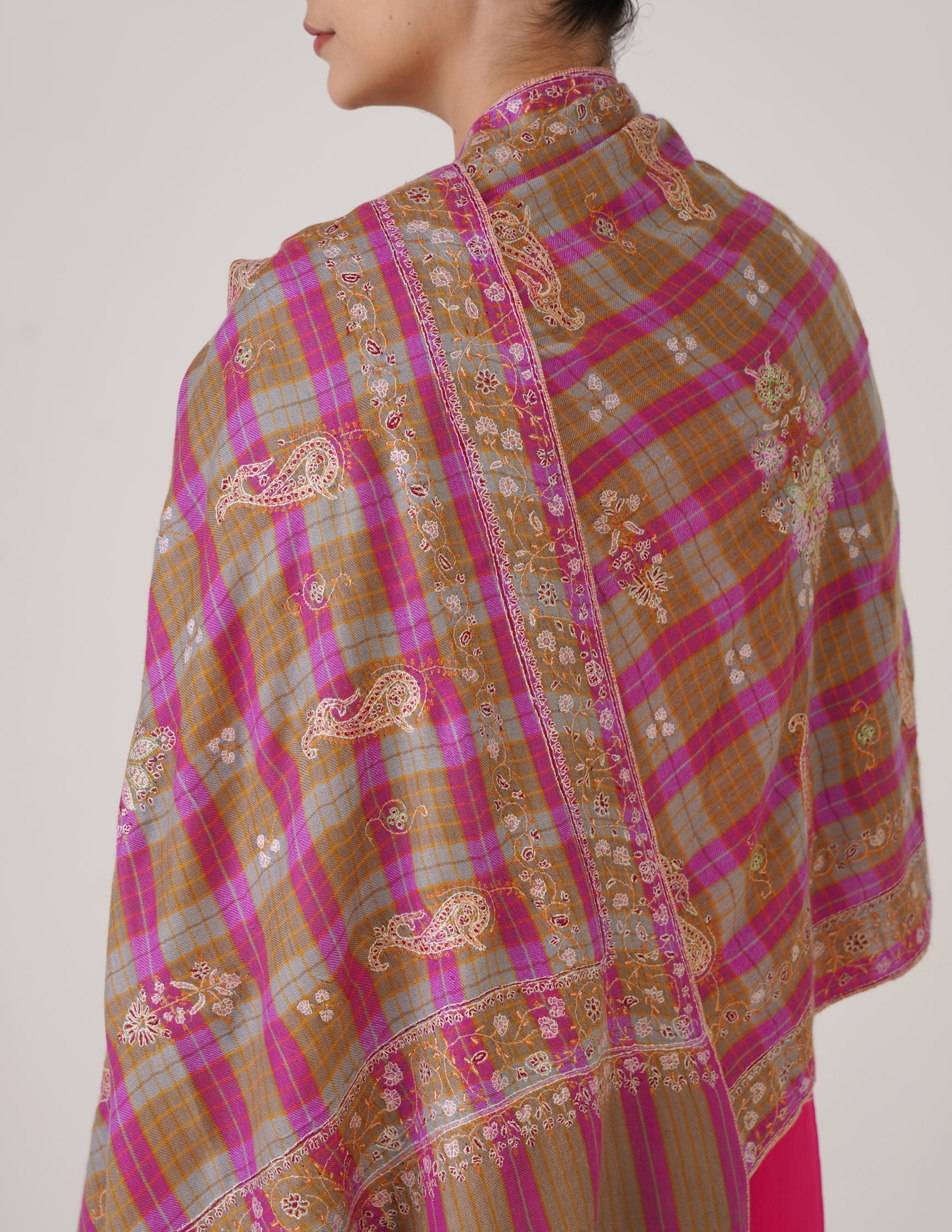 Kashmiri Handwoven Pashmina Sozni Stole Modern Check – Brown & Purple | Handwoven Heritage - Kashmir Box