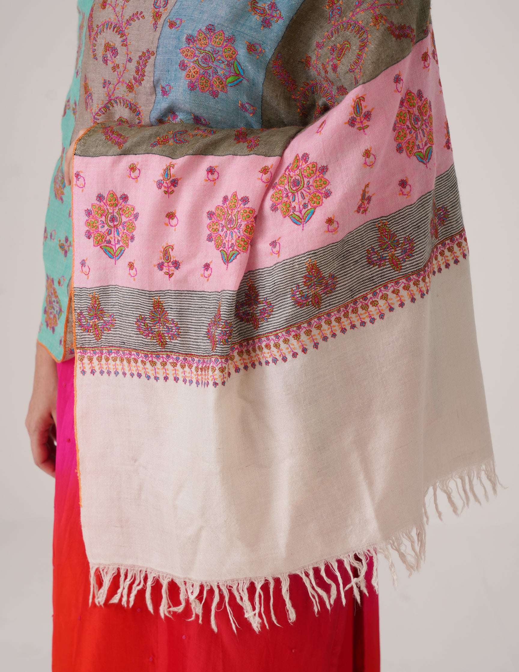 Kashmiri Handwoven Pashmina Sozni Stole Modern Stripes – Multicoloured | Handwoven Heritage - Kashmir Box