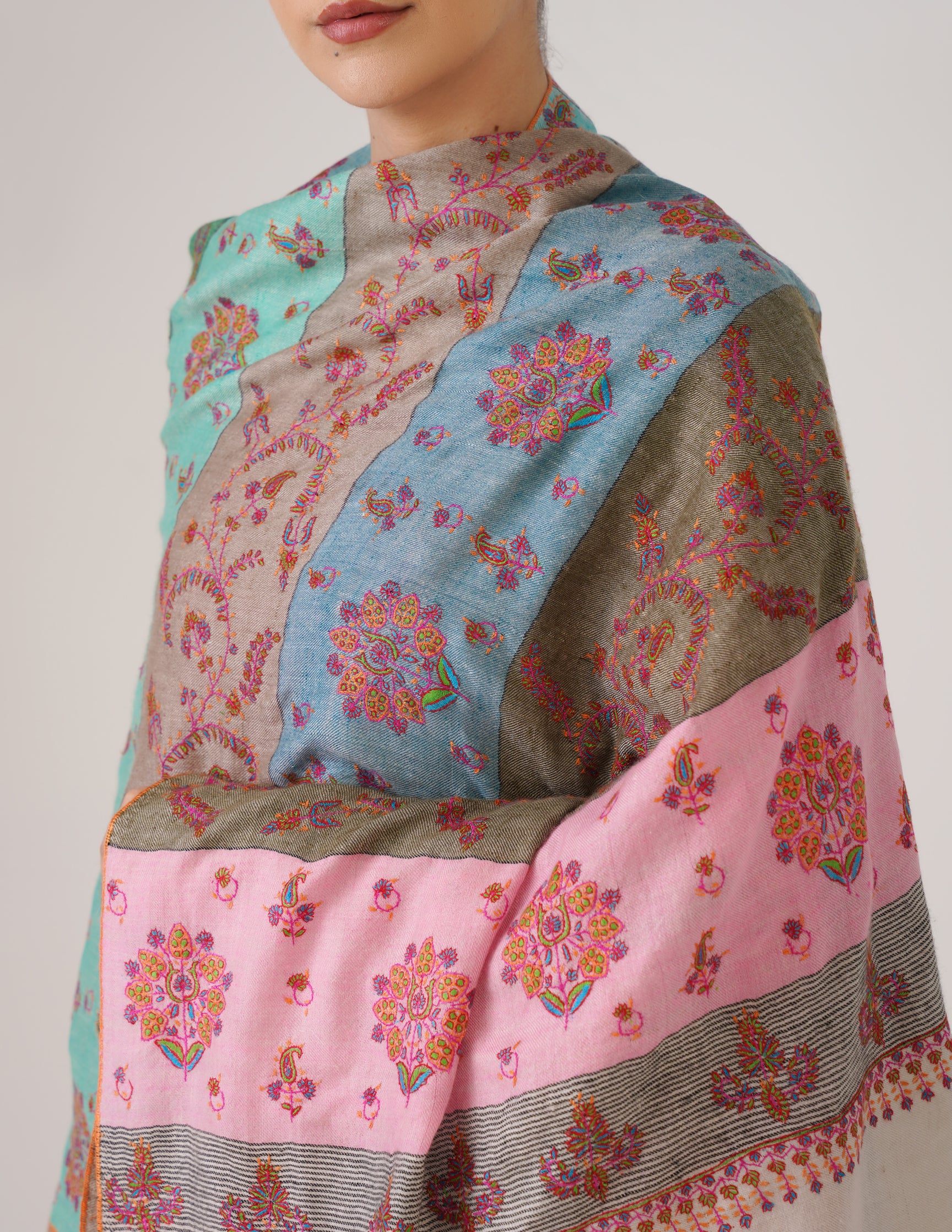 Kashmiri Handwoven Pashmina Sozni Stole Modern Stripes – Multicoloured | Handwoven Heritage - Kashmir Box