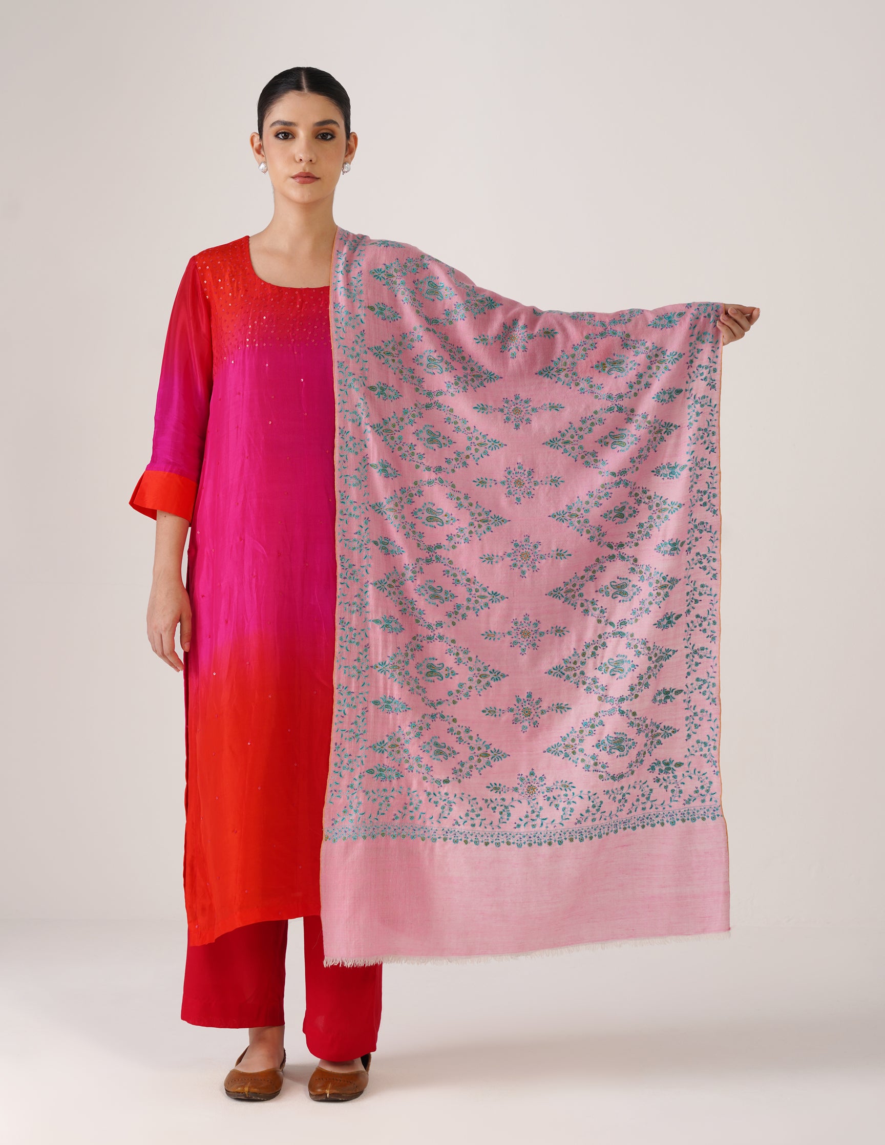 Kashmiri Handwoven Pashmina Sozni Stole Modern Design – Orchid Pink with Green Embroidery | Handwoven Heritage - Kashmir Box