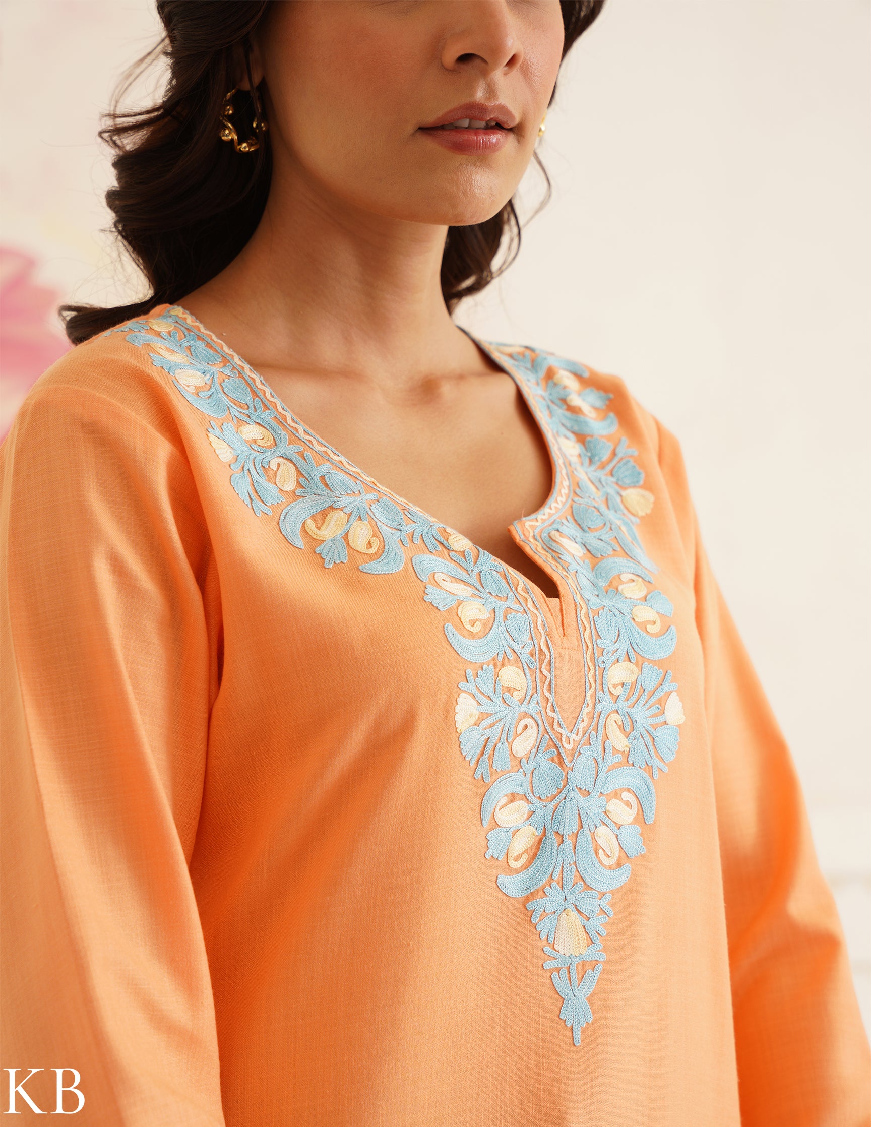 Peach Cotton Kurti with Blue Floral Embroidery | Bahaar Collection 2025 - Kashmir Box