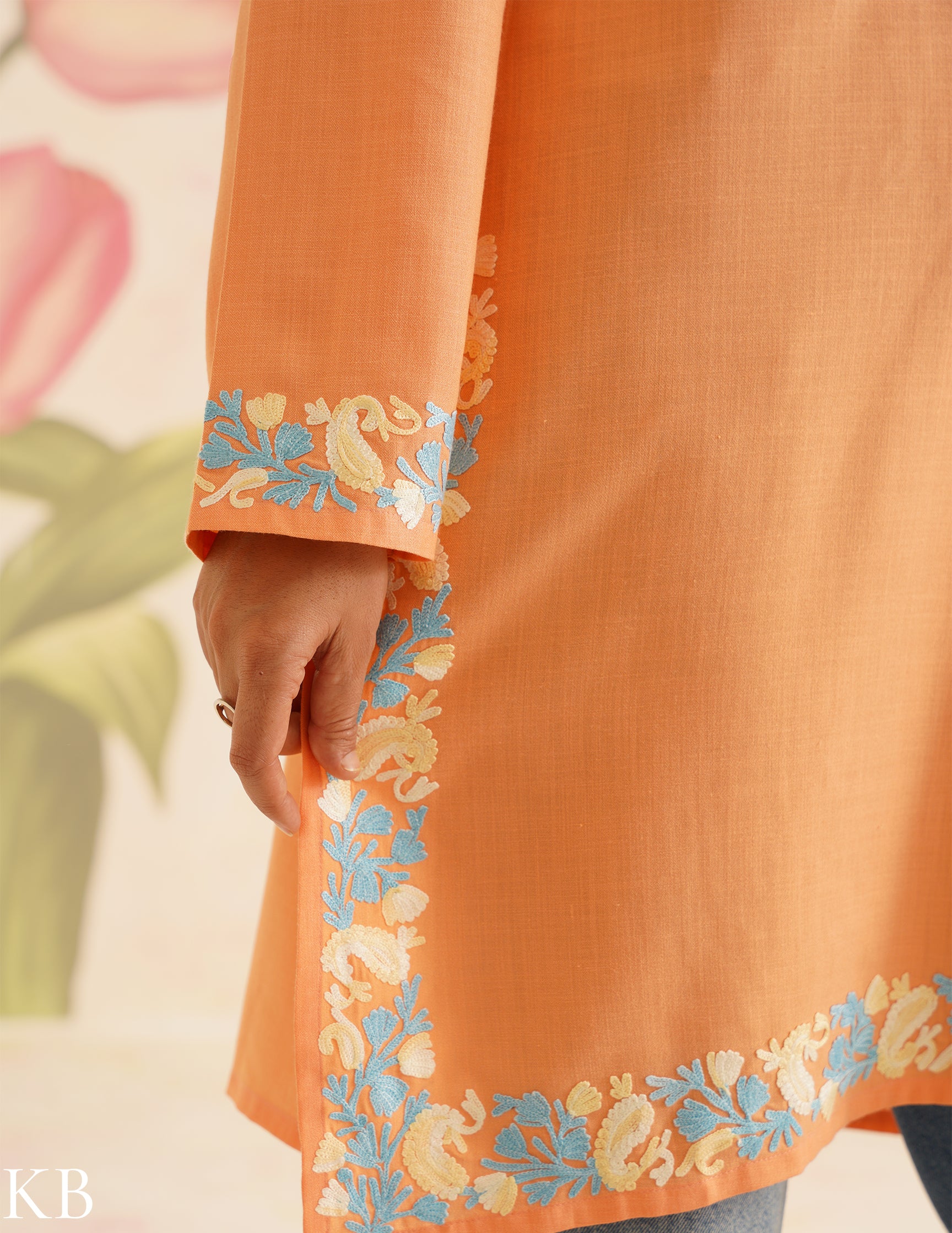Peach Cotton Kurti with Blue Floral Embroidery | Bahaar Collection 2025 - Kashmir Box