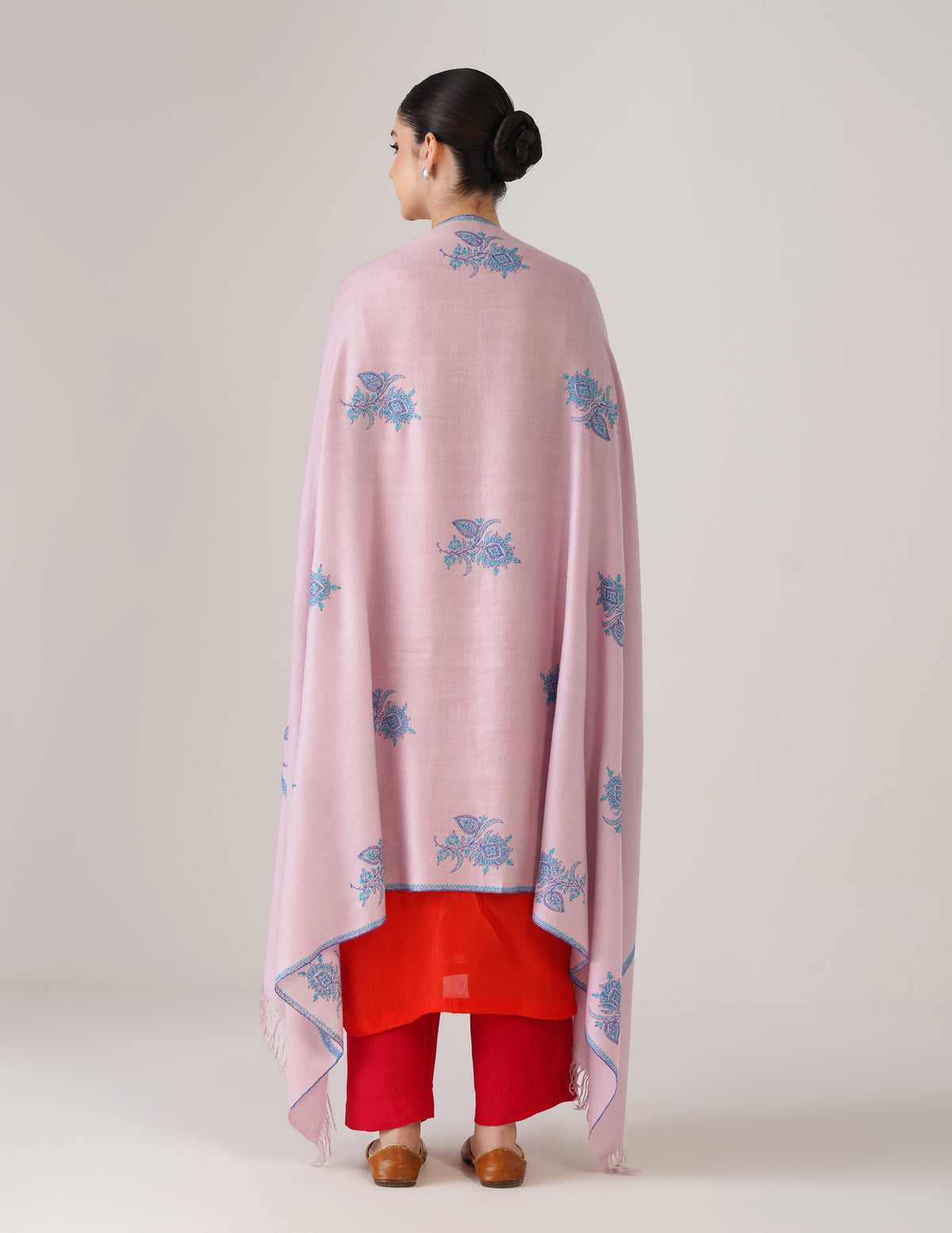 Kashmiri Handwoven Pashmina Sozni Shawl Hashidaar with Bootidar Motifs – Baby Pink | Turquoise & Blue Heritage - Kashmir Box