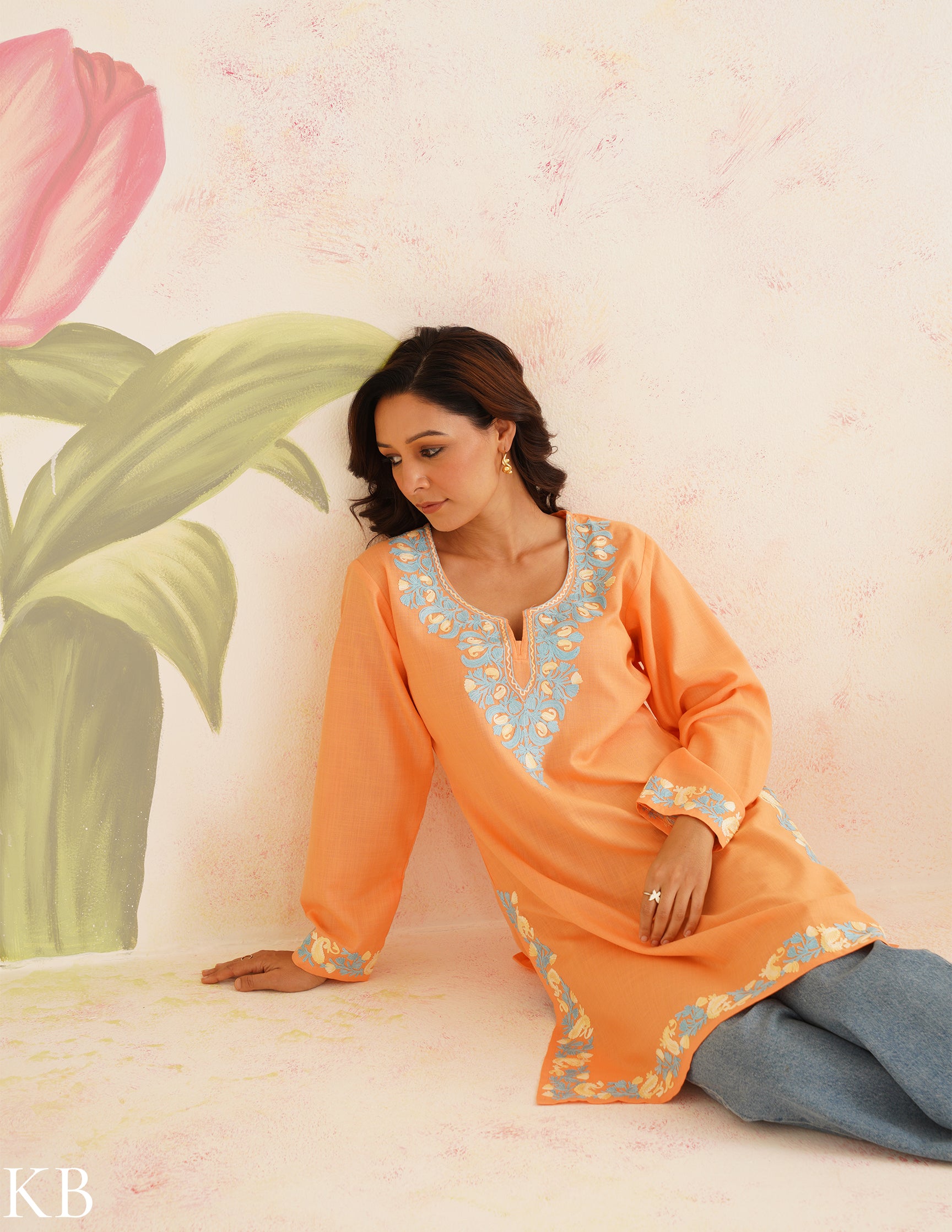 Peach Cotton Kurti with Blue Floral Embroidery | Bahaar Collection 2025 - Kashmir Box