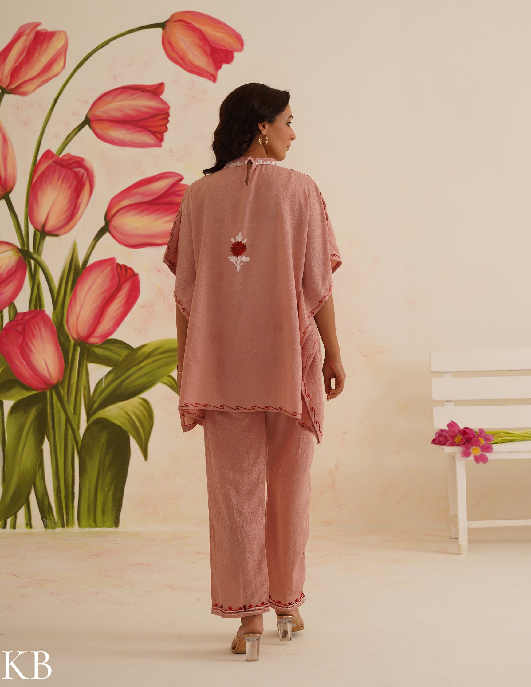 Blush Pink Aari Embroidered Cotton Kaftan Set | Comfortable Loose-Fit Coordinated Outfit | Summer Ethnic Wear - Kashmir Box