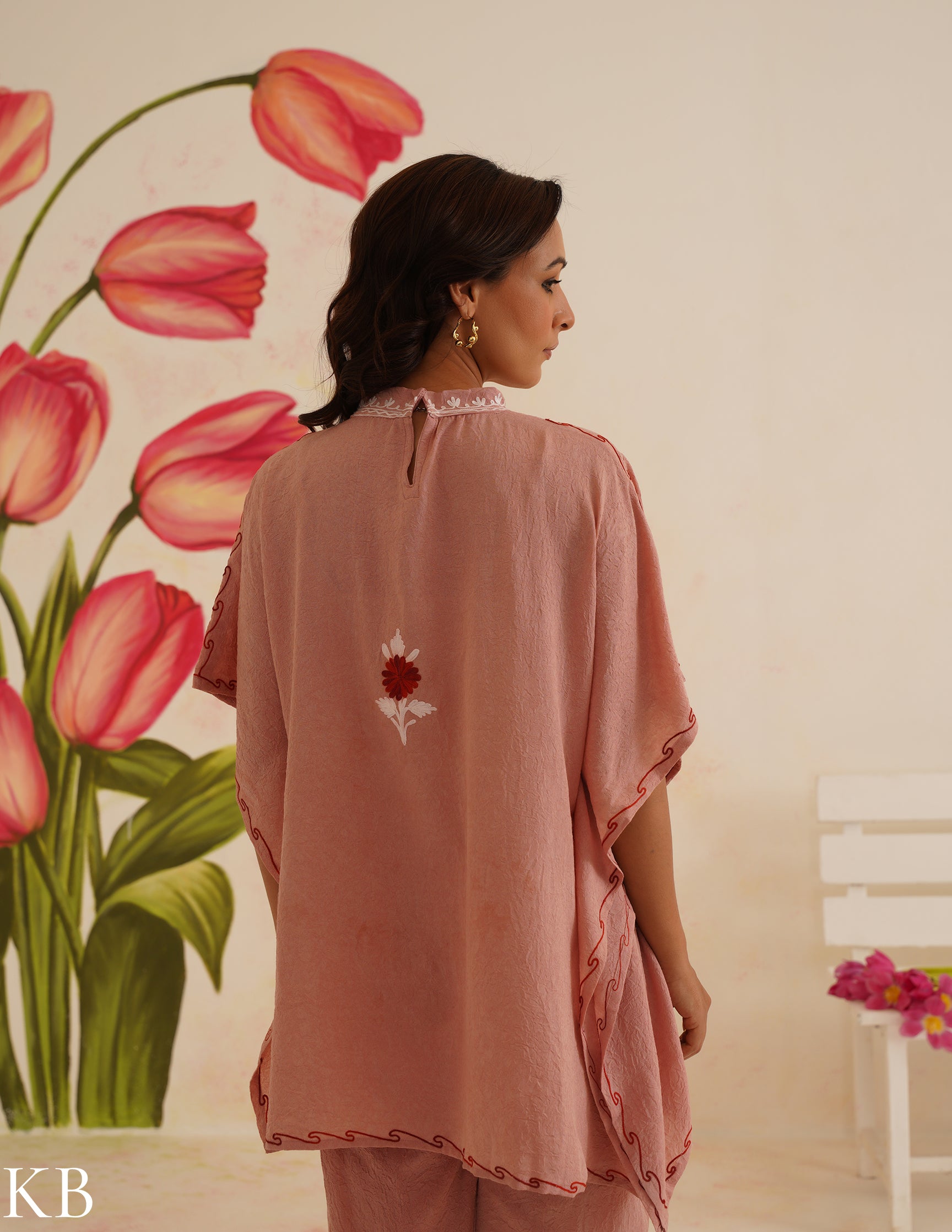 Blush Pink Aari Embroidered Cotton Kaftan Set | Comfortable Loose-Fit Coordinated Outfit | Summer Ethnic Wear - Kashmir Box