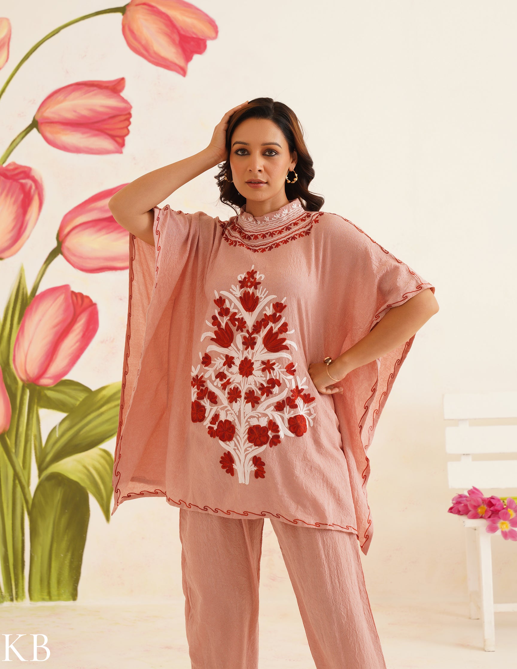 Blush Pink Aari Embroidered Cotton Kaftan Set | Comfortable Loose-Fit Coordinated Outfit | Summer Ethnic Wear - Kashmir Box