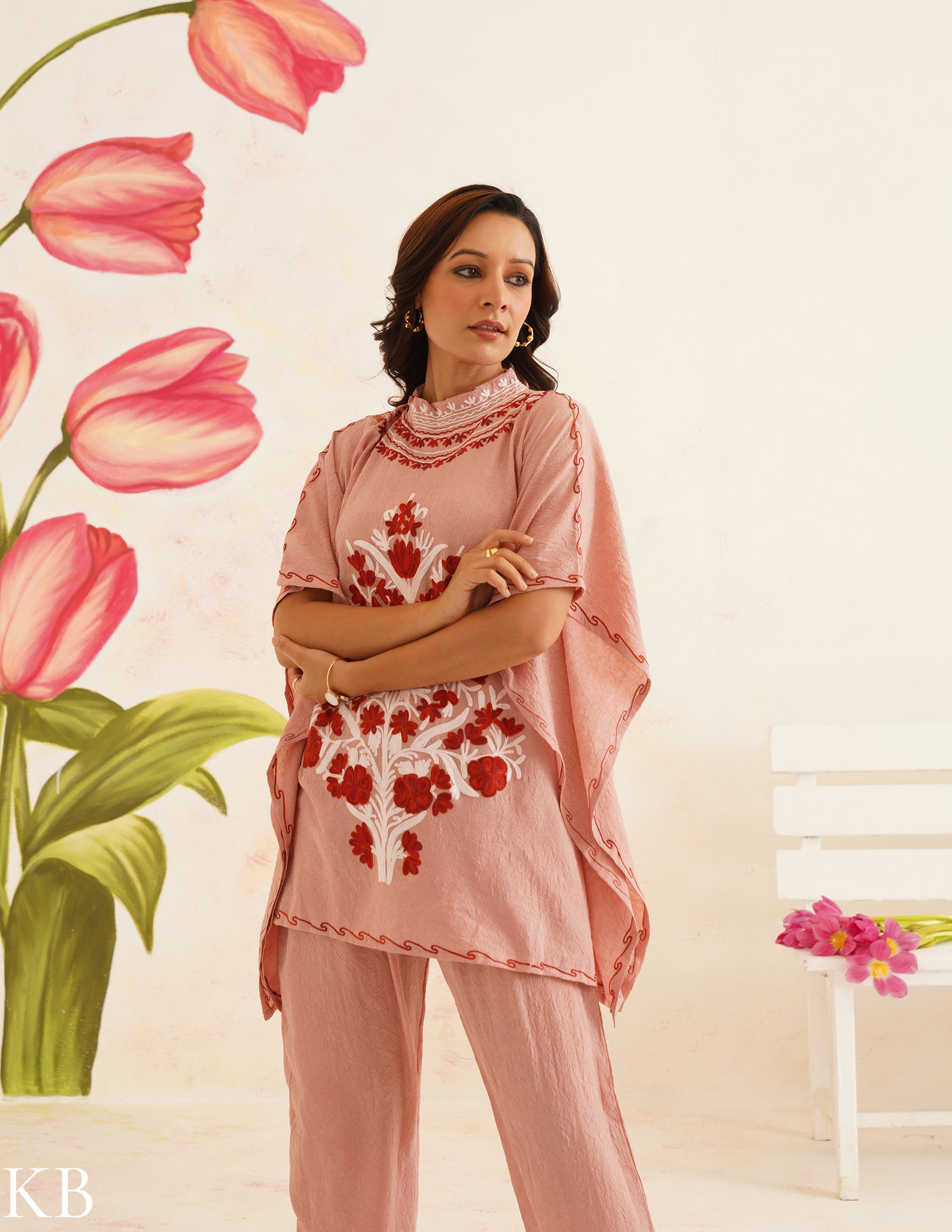 Blush Pink Aari Embroidered Cotton Kaftan Set | Comfortable Loose-Fit Coordinated Outfit | Summer Ethnic Wear - Kashmir Box