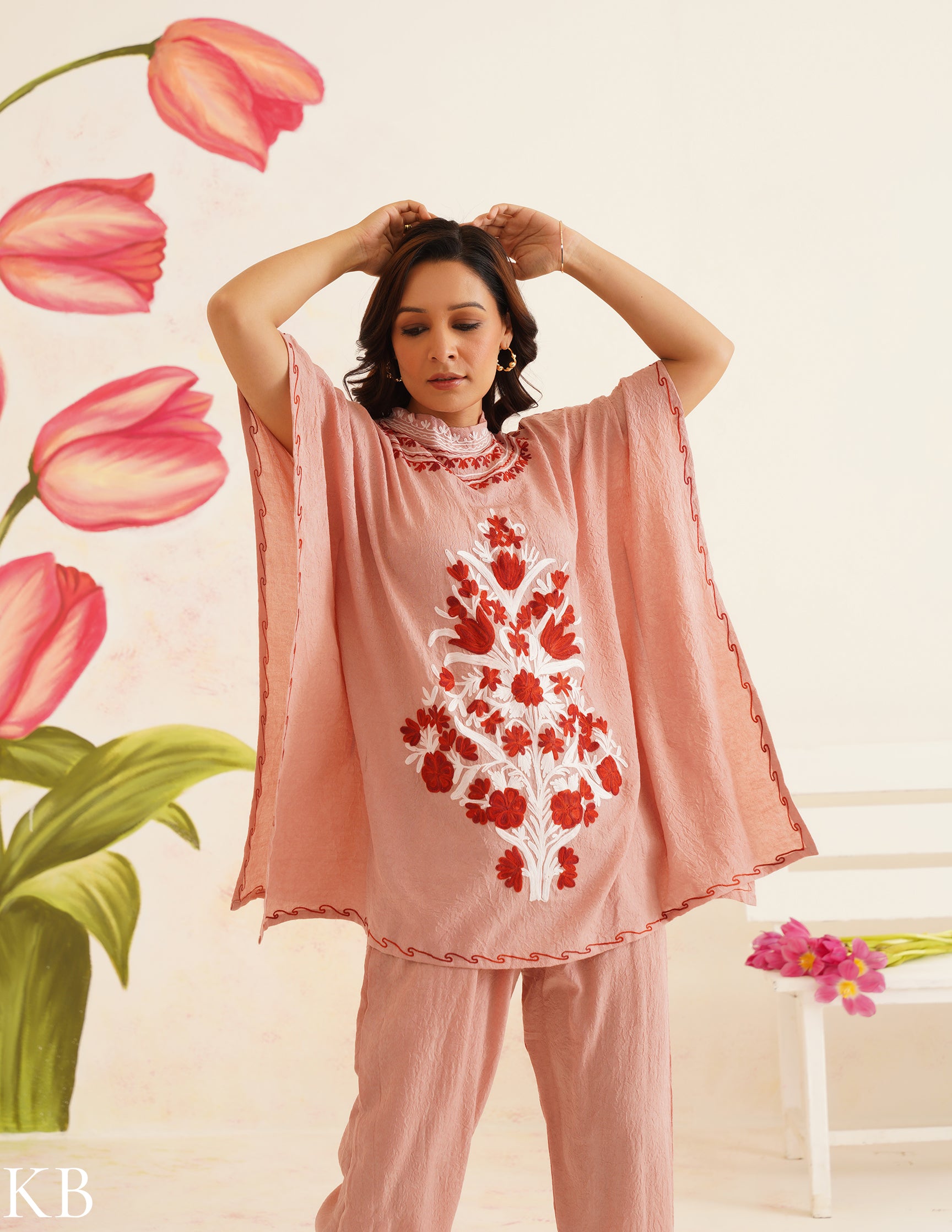 Blush Pink Aari Embroidered Cotton Kaftan Set | Comfortable Loose-Fit Coordinated Outfit | Summer Ethnic Wear - Kashmir Box