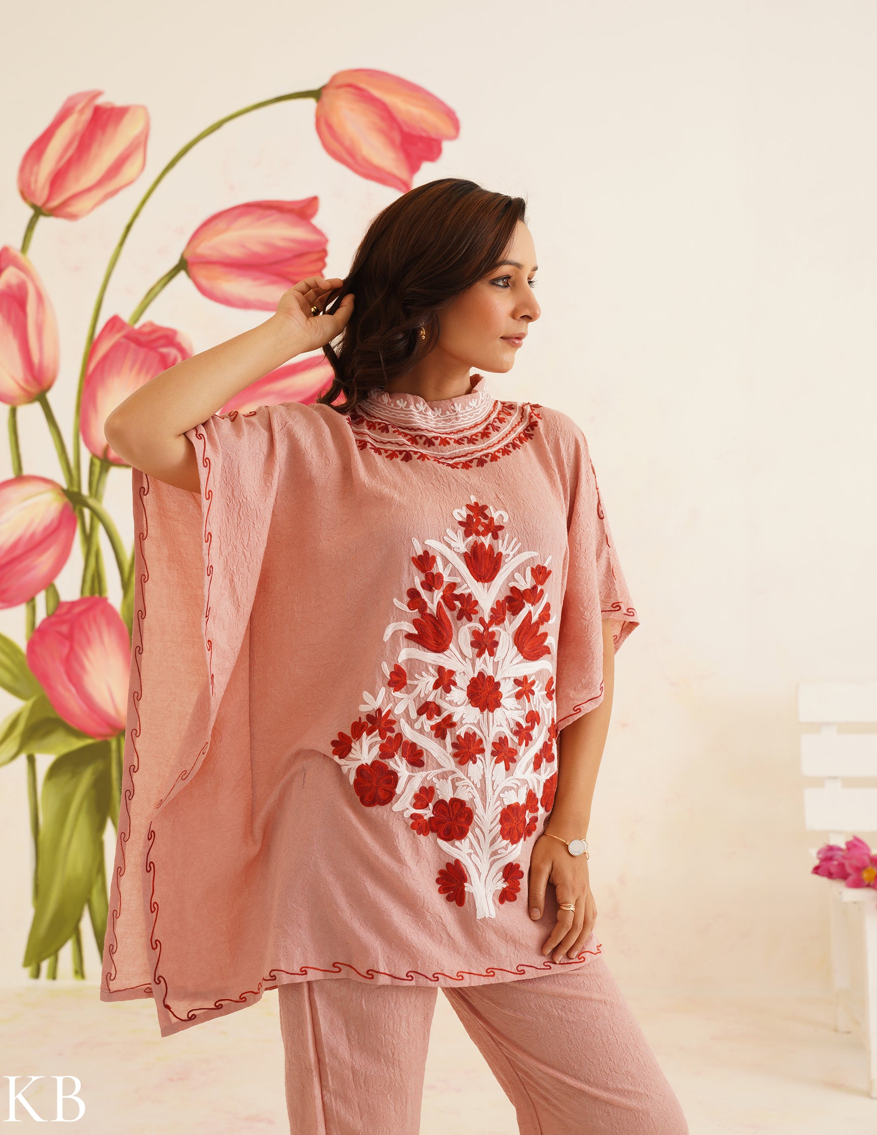 Blush Pink Aari Embroidered Cotton Kaftan Set | Comfortable Loose-Fit Coordinated Outfit | Summer Ethnic Wear - Kashmir Box