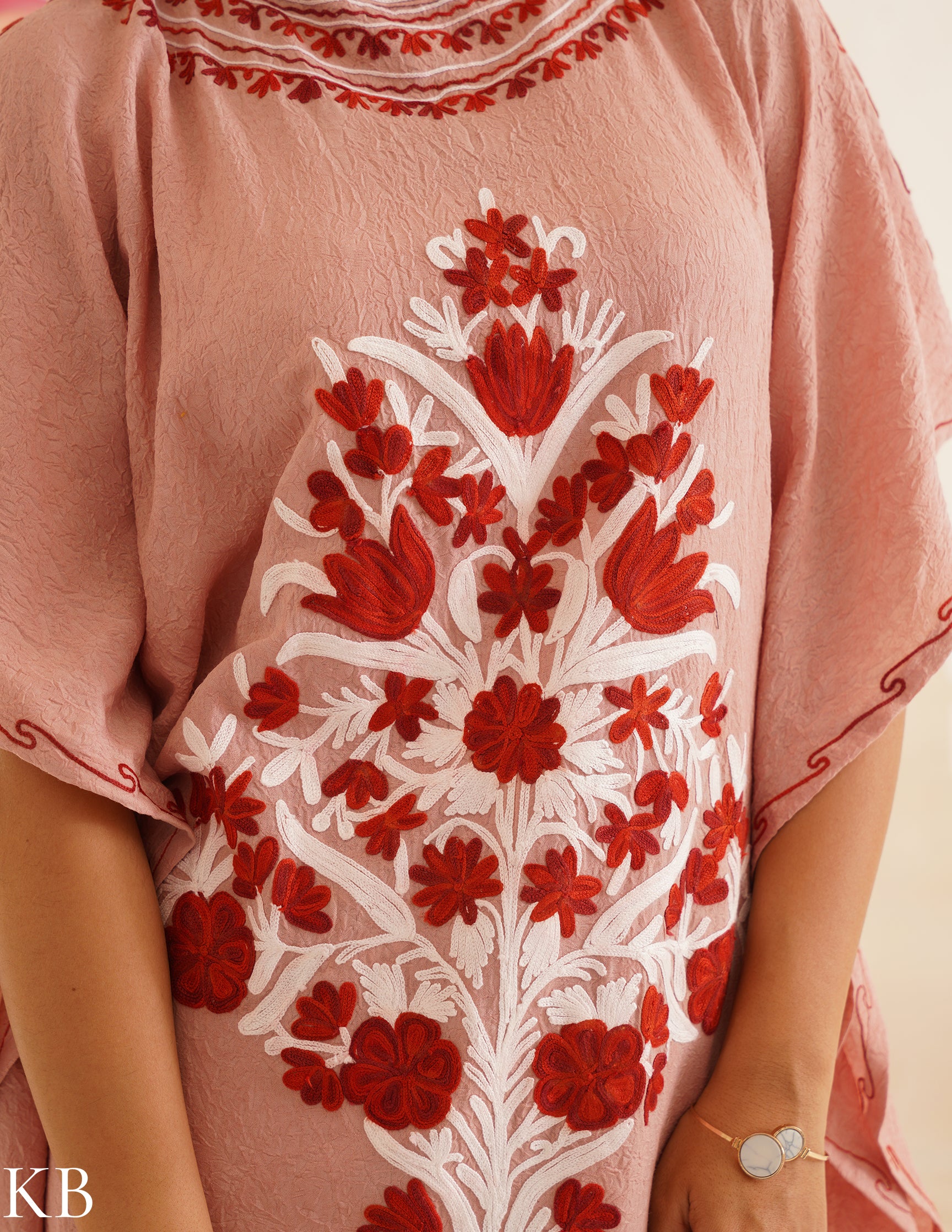 Blush Pink Aari Embroidered Cotton Kaftan Set | Comfortable Loose-Fit Coordinated Outfit | Summer Ethnic Wear - Kashmir Box