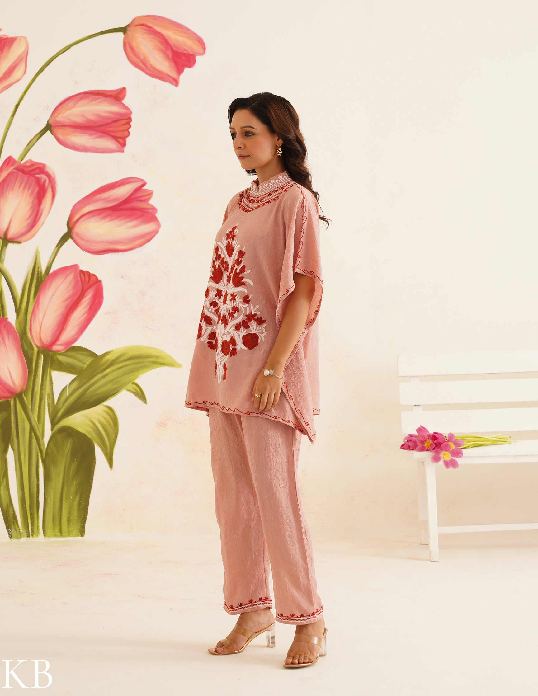 Blush Pink Aari Embroidered Cotton Kaftan Set | Comfortable Loose-Fit Coordinated Outfit | Summer Ethnic Wear - Kashmir Box