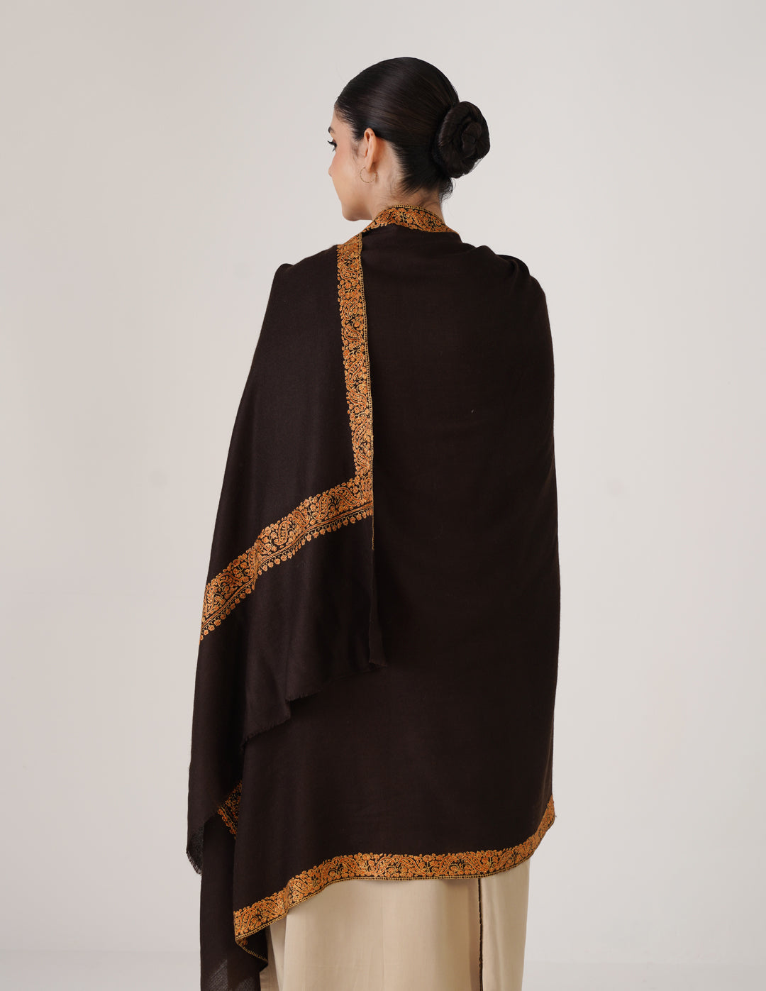 Kashmiri Handwoven Pashmina Sozni Shawl Doredaar – Brown | Yellow & Orange Heritage - Kashmir Box