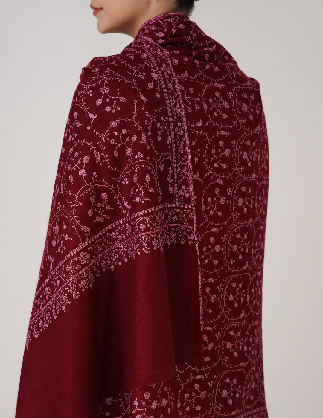 Kashmiri Handwoven Pashmina Sozni Shawl Jaalidar – Maroon | Pink & Light Brown Heritage - Kashmir Box