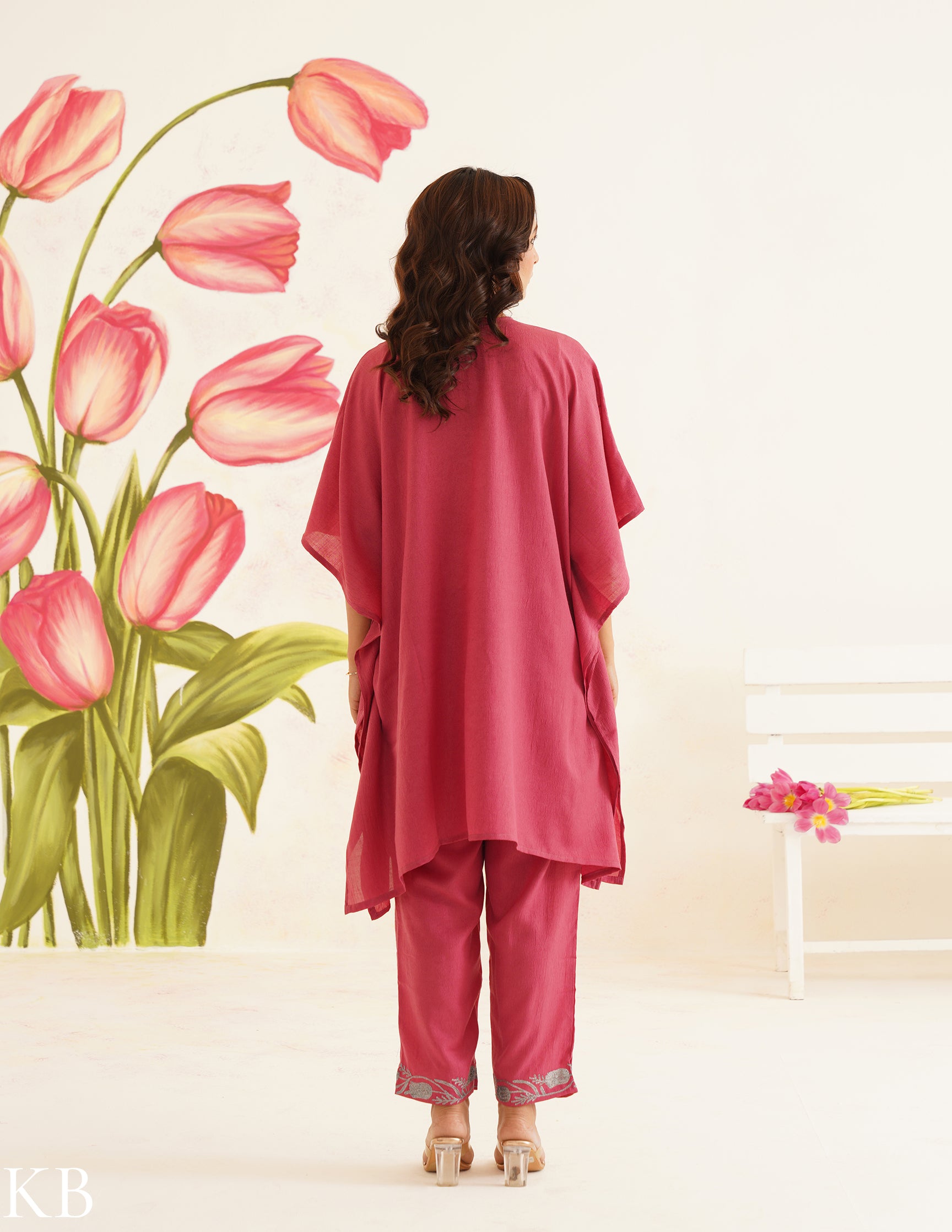 Pink Zari Embroidered Cotton Kaftan Set | Comfortable Loose-Fit Coordinated Outfit | Summer Ethnic Wear - Kashmir Box