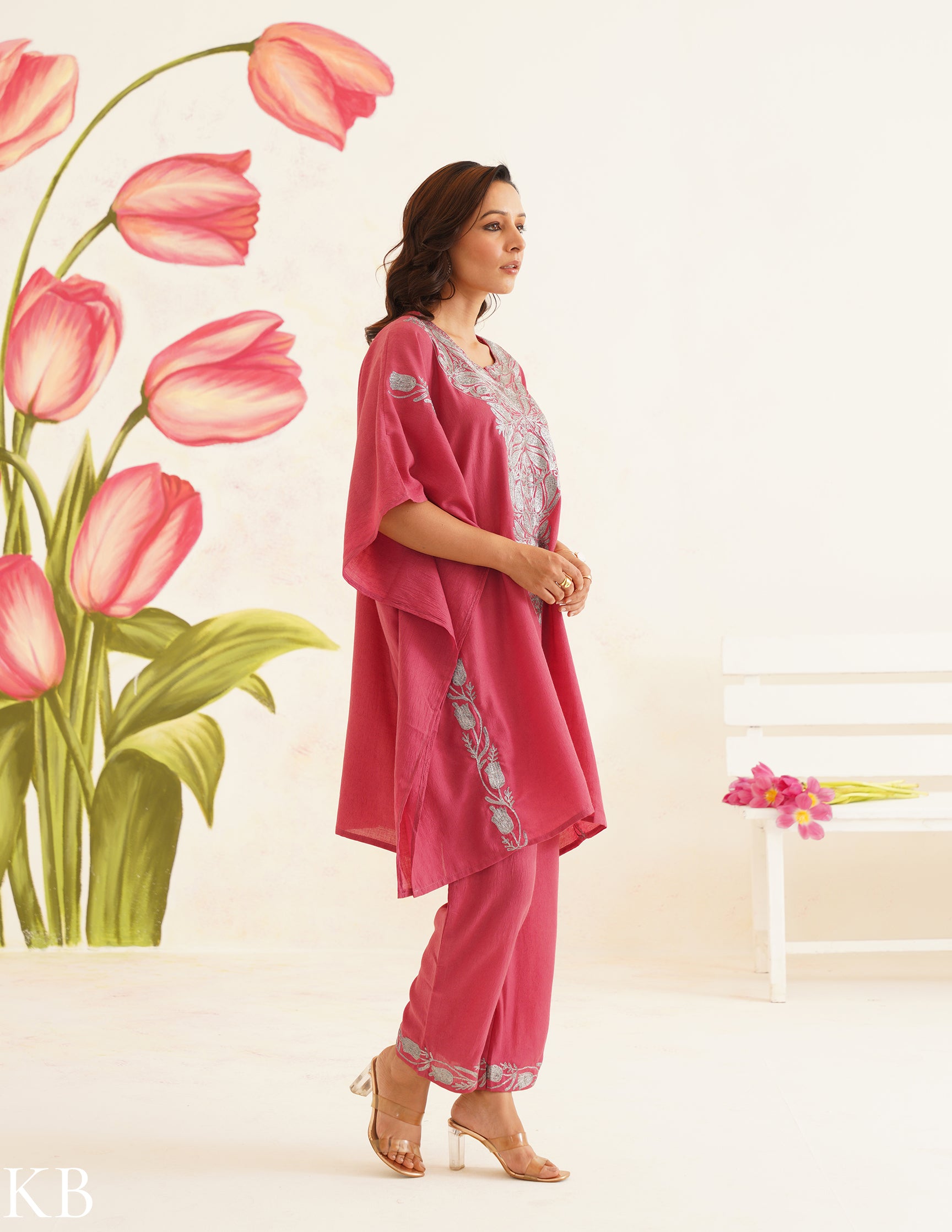 Pink Zari Embroidered Cotton Kaftan Set | Comfortable Loose-Fit Coordinated Outfit | Summer Ethnic Wear - Kashmir Box