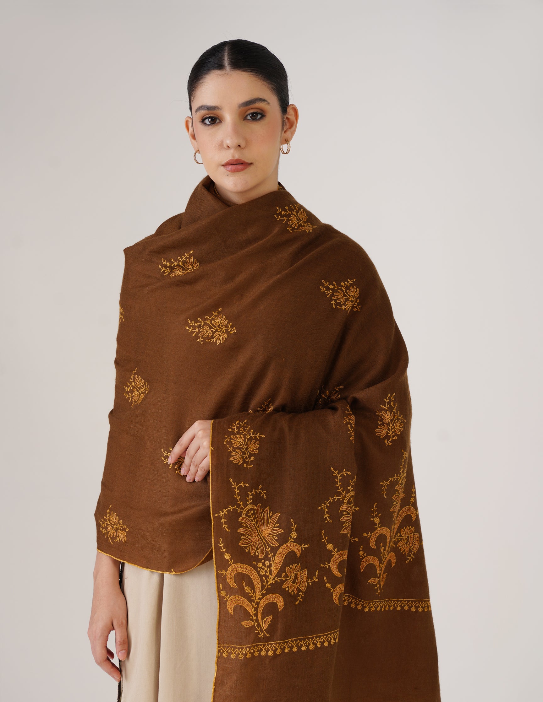 Kashmiri Handwoven Pashmina Sozni Shawl Bootidar – Brown | Yellow & Orange Heritage - Kashmir Box