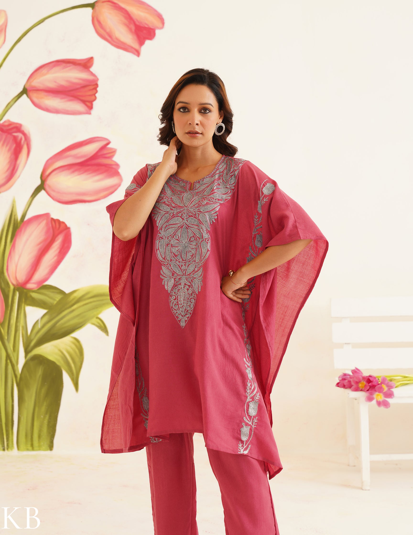 Pink Zari Embroidered Cotton Kaftan Set | Comfortable Loose-Fit Coordinated Outfit | Summer Ethnic Wear - Kashmir Box