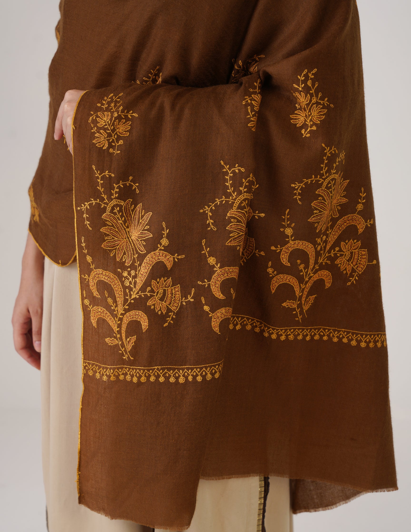 Kashmiri Handwoven Pashmina Sozni Shawl Bootidar – Brown | Yellow & Orange Heritage - Kashmir Box