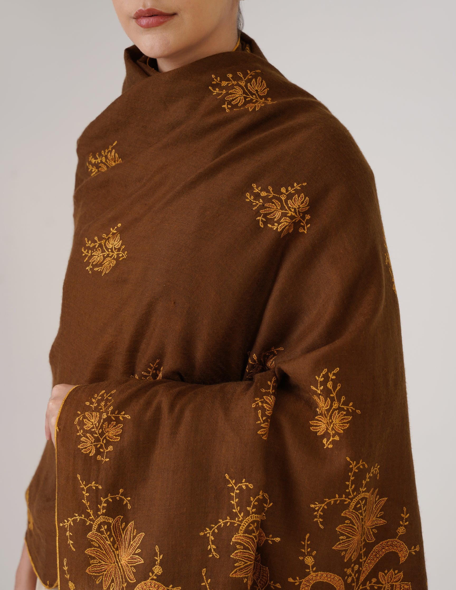 Kashmiri Handwoven Pashmina Sozni Shawl Bootidar – Brown | Yellow & Orange Heritage - Kashmir Box