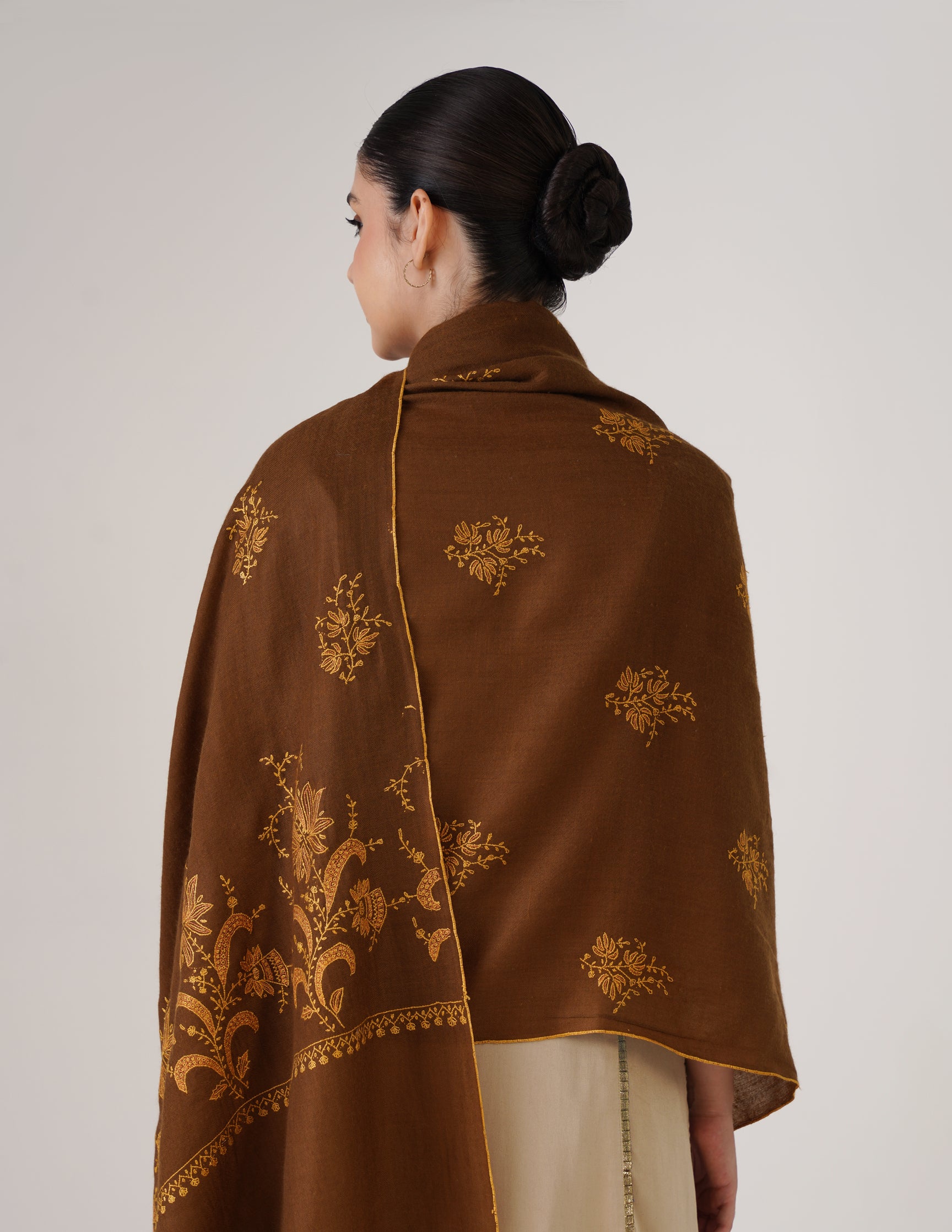 Kashmiri Handwoven Pashmina Sozni Shawl Bootidar – Brown | Yellow & Orange Heritage - Kashmir Box