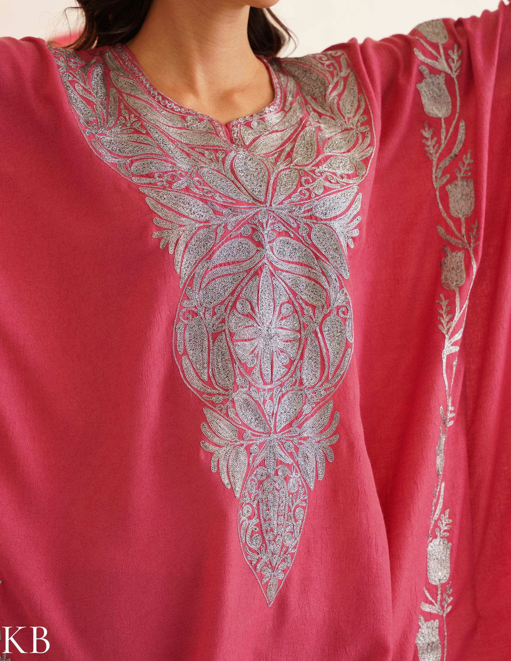 Pink Zari Embroidered Cotton Kaftan Set | Comfortable Loose-Fit Coordinated Outfit | Summer Ethnic Wear - Kashmir Box