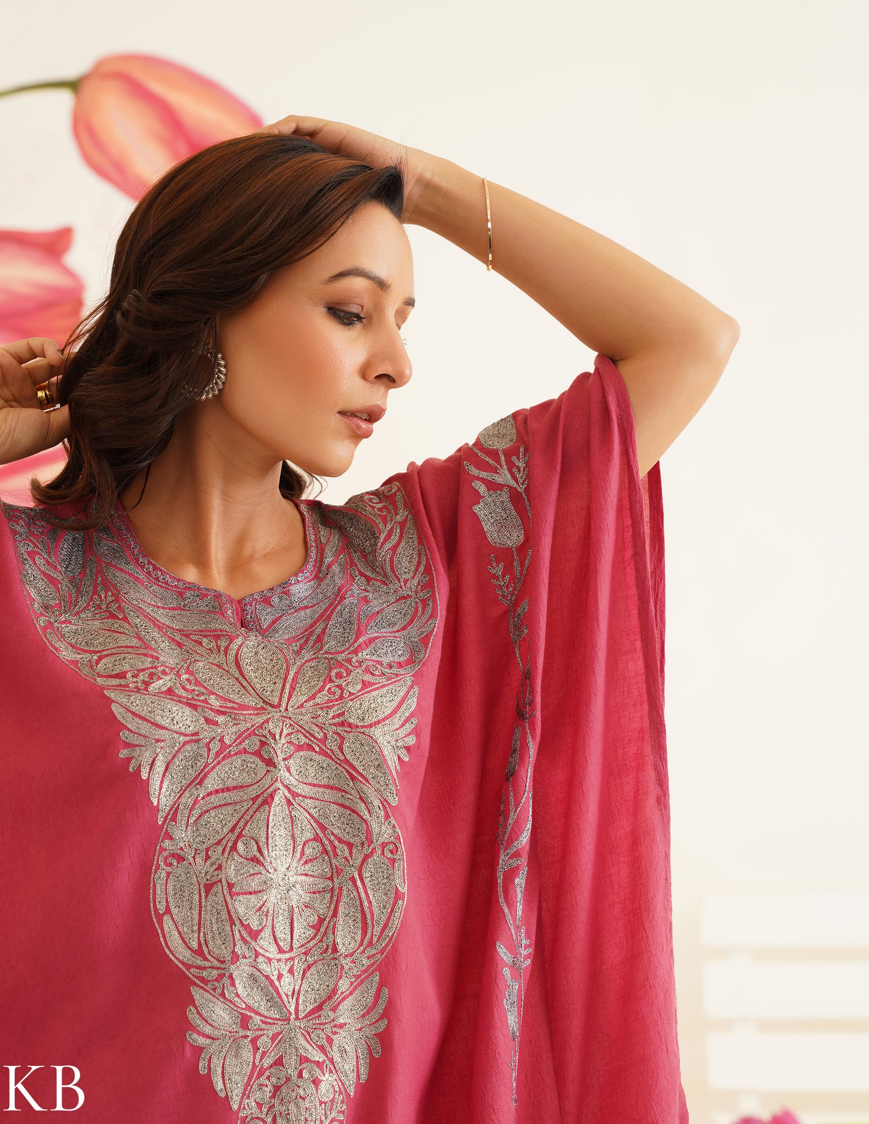 Pink Zari Embroidered Cotton Kaftan Set | Comfortable Loose-Fit Coordinated Outfit | Summer Ethnic Wear - Kashmir Box