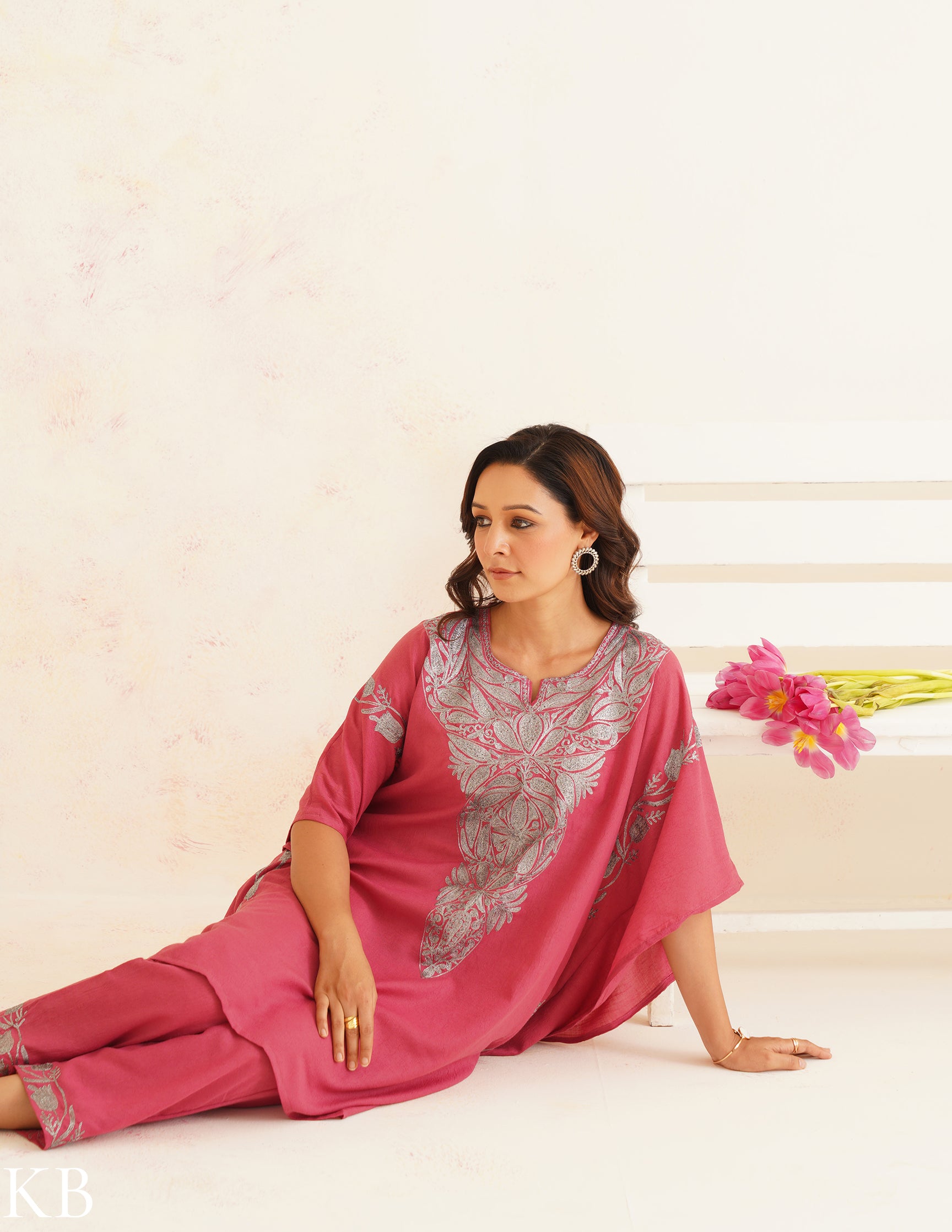Pink Zari Embroidered Cotton Kaftan Set | Comfortable Loose-Fit Coordinated Outfit | Summer Ethnic Wear - Kashmir Box