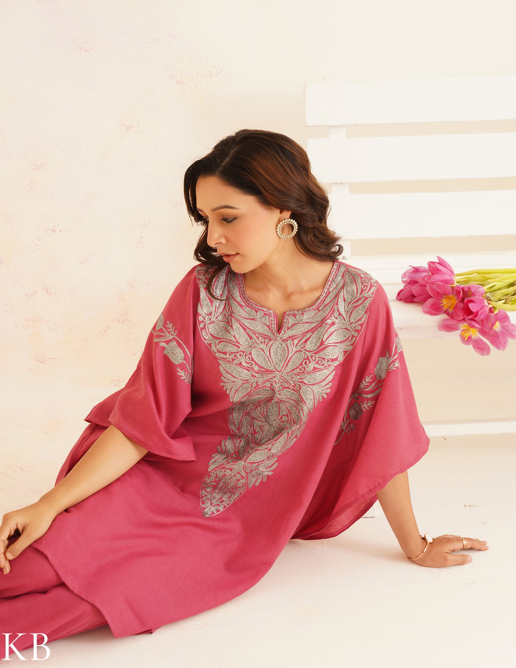 Pink Zari Embroidered Cotton Kaftan Set | Comfortable Loose-Fit Coordinated Outfit | Summer Ethnic Wear - Kashmir Box