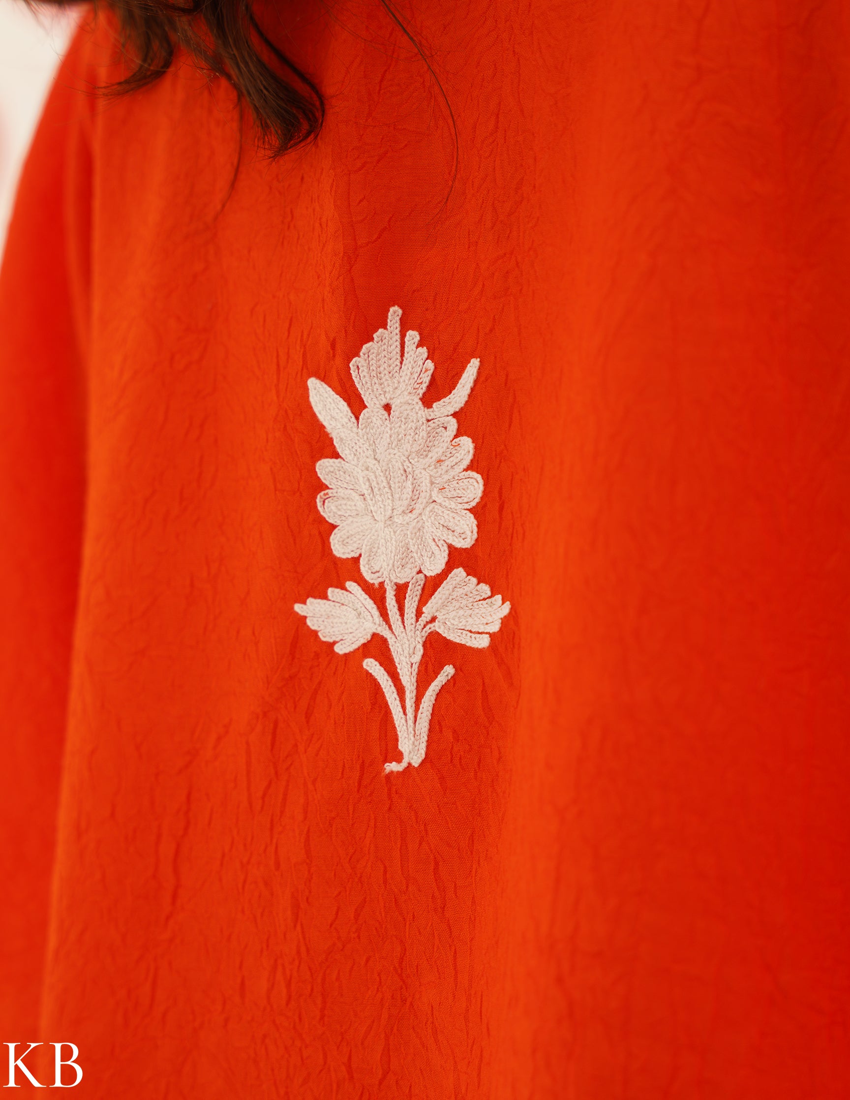 Vibrant Orange Aari Embroidered Cotton Kaftan Set | Comfortable Loose-Fit Coordinated Outfit | Summer Ethnic Wear - Kashmir Box