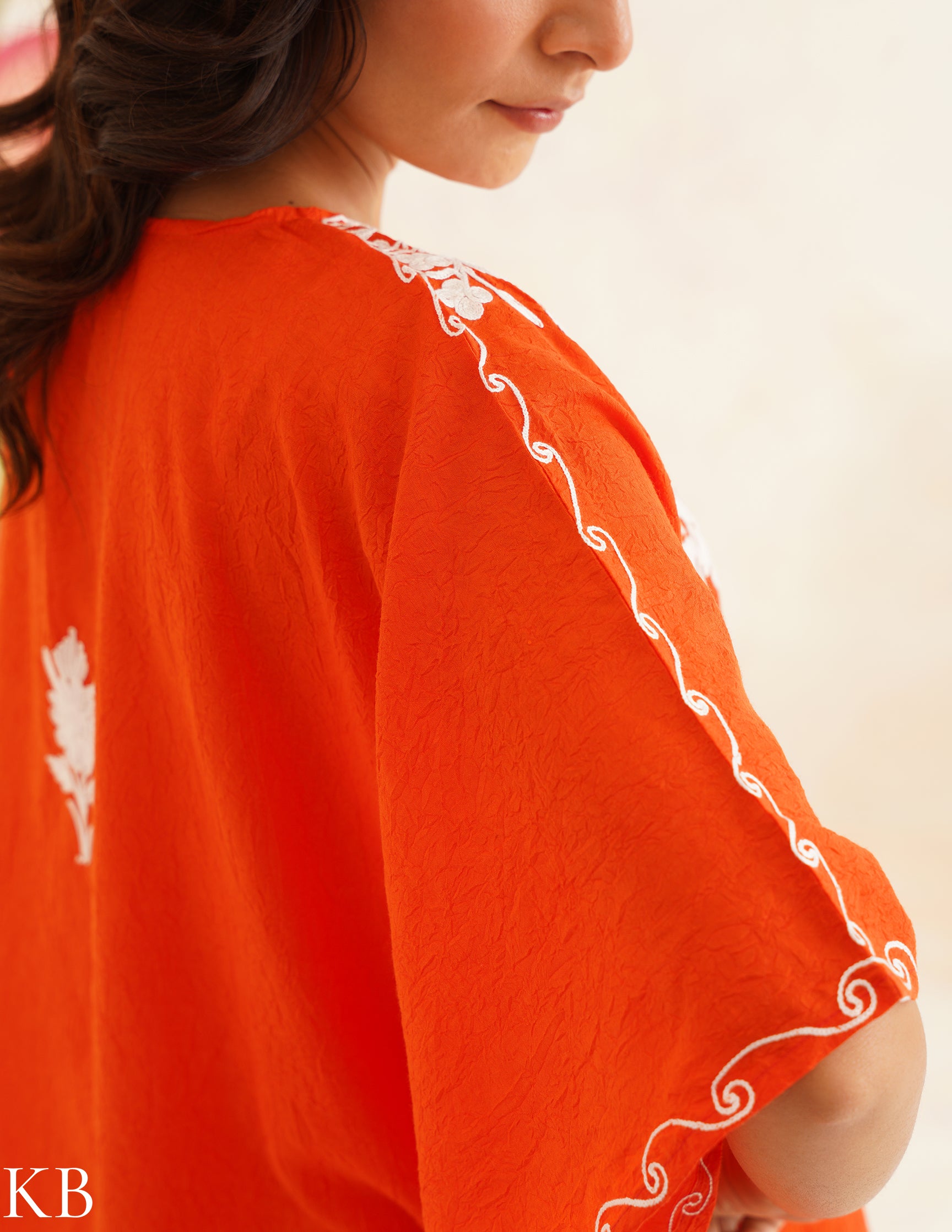 Vibrant Orange Aari Embroidered Cotton Kaftan Set | Comfortable Loose-Fit Coordinated Outfit | Summer Ethnic Wear - Kashmir Box