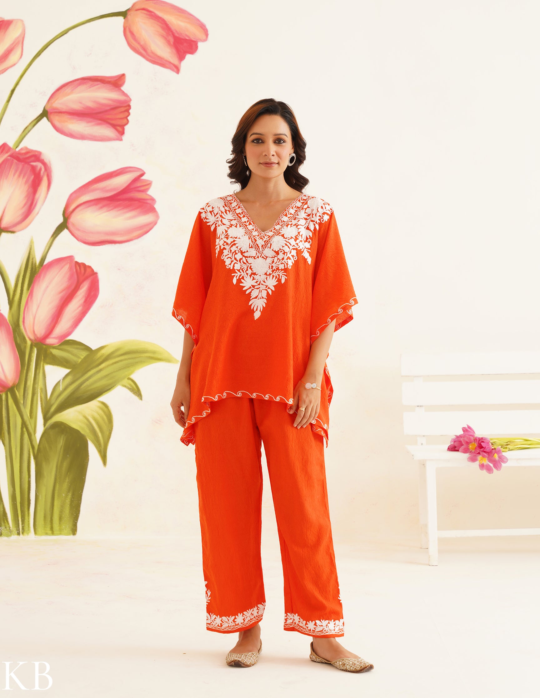 Vibrant Orange Aari Embroidered Cotton Kaftan Set | Comfortable Loose-Fit Coordinated Outfit | Summer Ethnic Wear - Kashmir Box