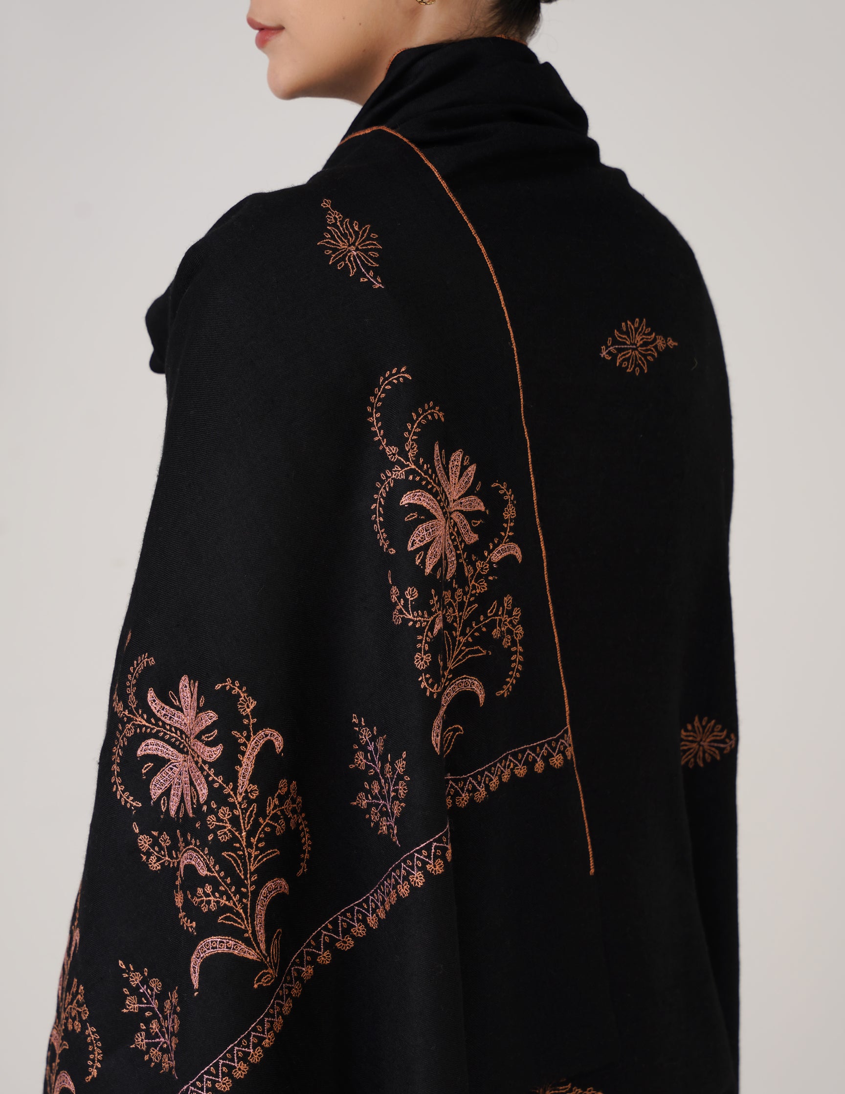 Kashmiri Handwoven Pashmina Sozni Shawl Bootidar – Black | Pink & Orange Heritage - Kashmir Box