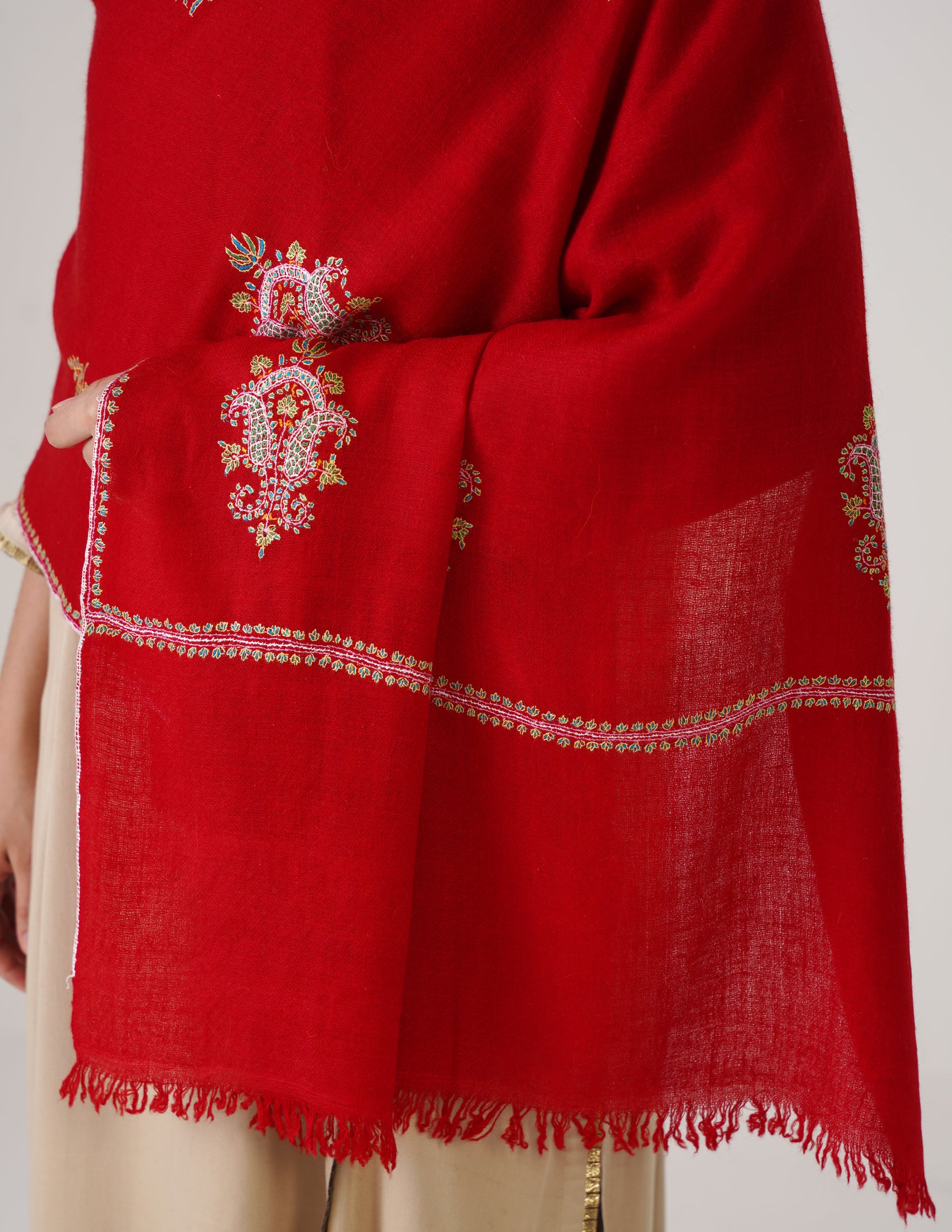 Kashmiri Handwoven Pashmina Sozni Stole Bootidar – Red | Handwoven Heritage - Kashmir Box