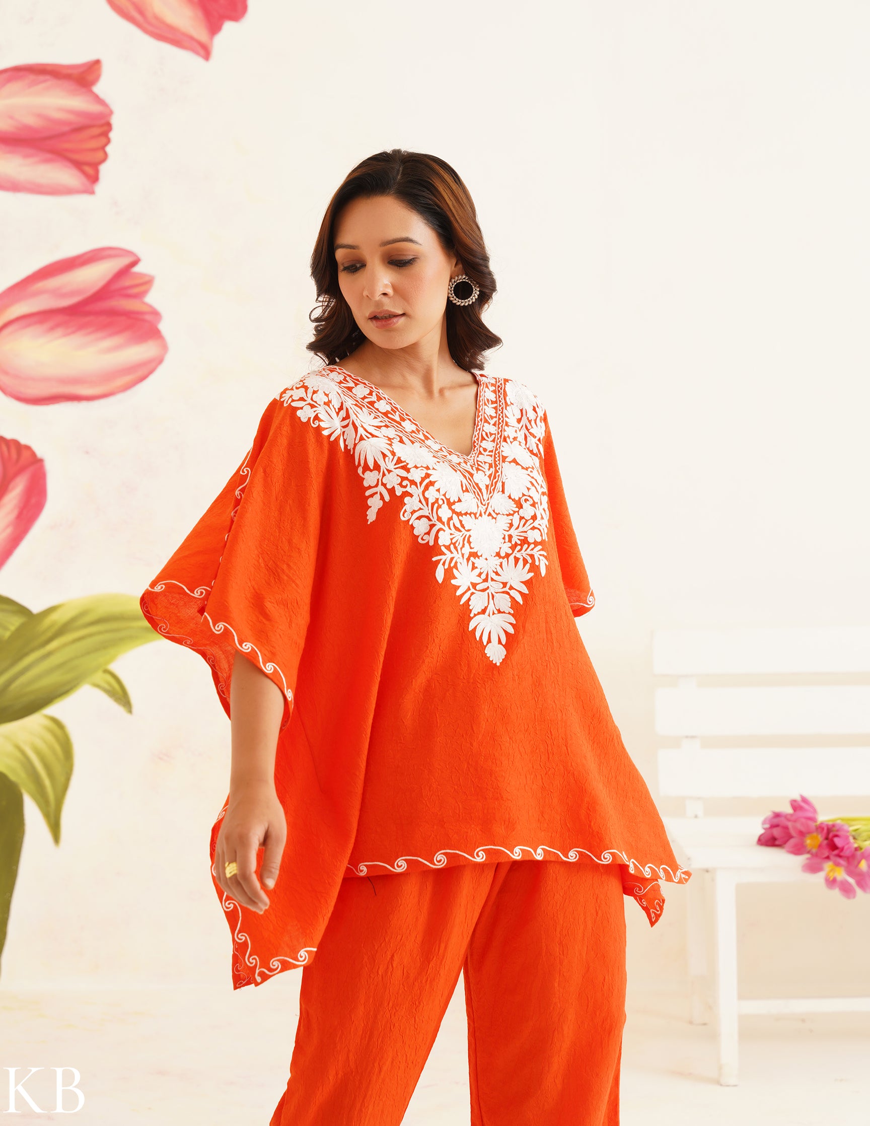Vibrant Orange Aari Embroidered Cotton Kaftan Set | Comfortable Loose-Fit Coordinated Outfit | Summer Ethnic Wear - Kashmir Box