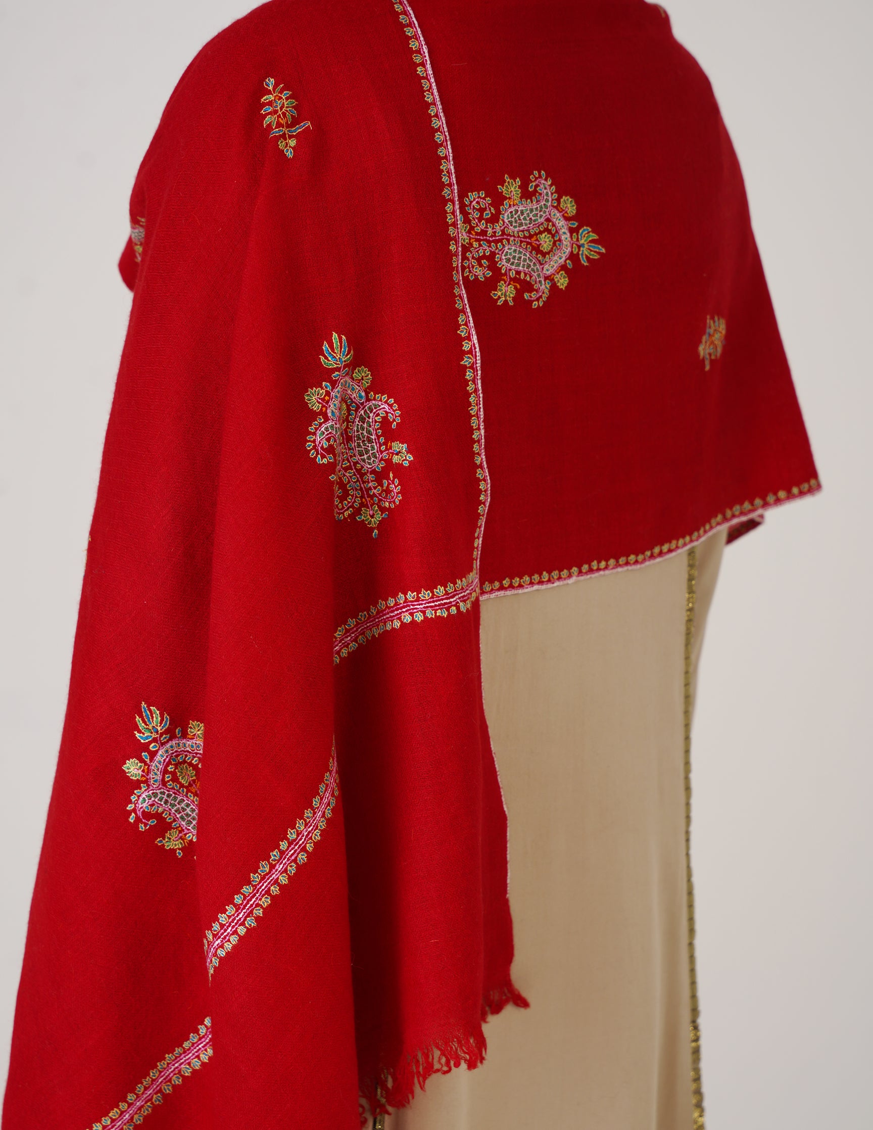 Kashmiri Handwoven Pashmina Sozni Stole Bootidar – Red | Handwoven Heritage - Kashmir Box