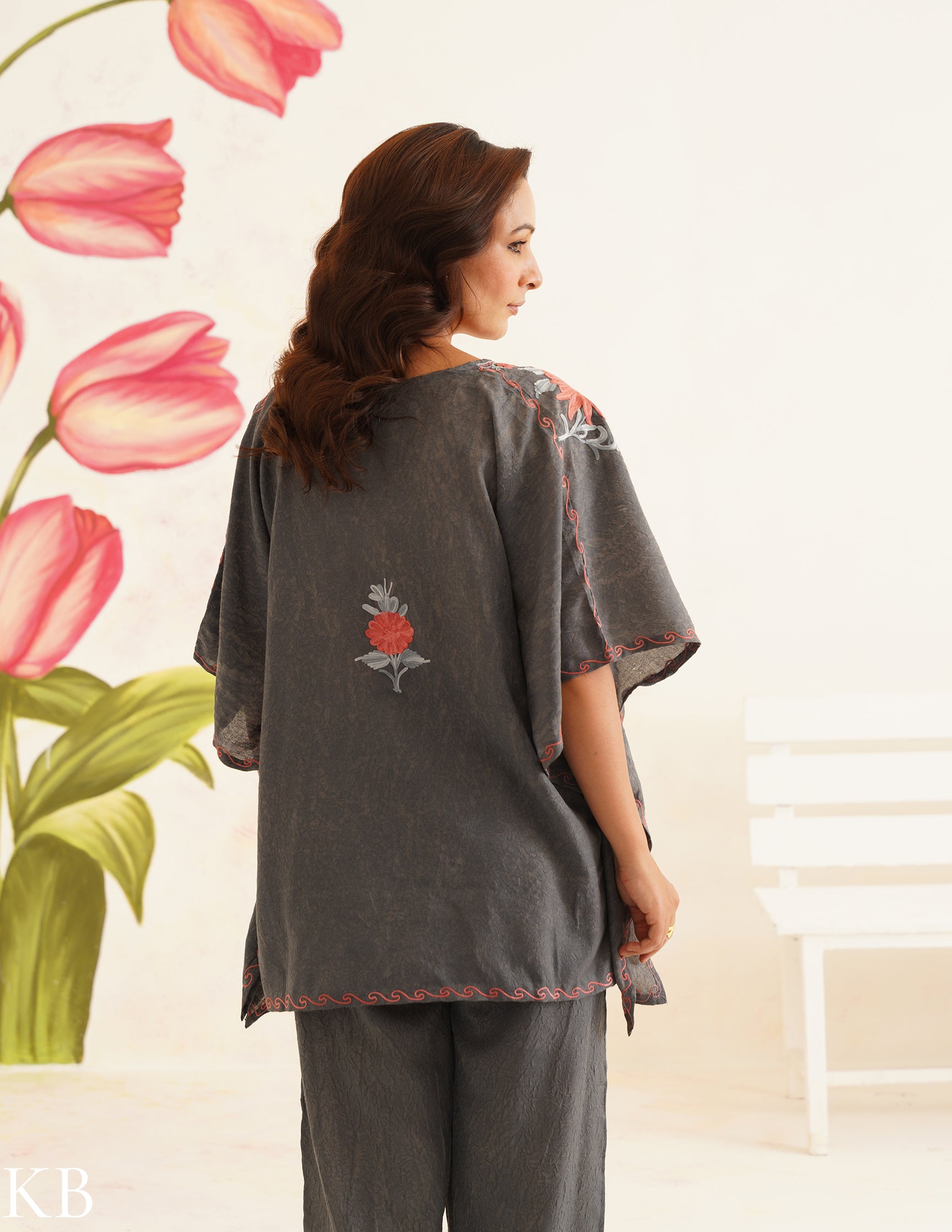 Charcoal Gray Aari Embroidered Cotton Kaftan Set | Comfortable Loose-Fit Coordinated Outfit | Summer Ethnic Wear - Kashmir Box