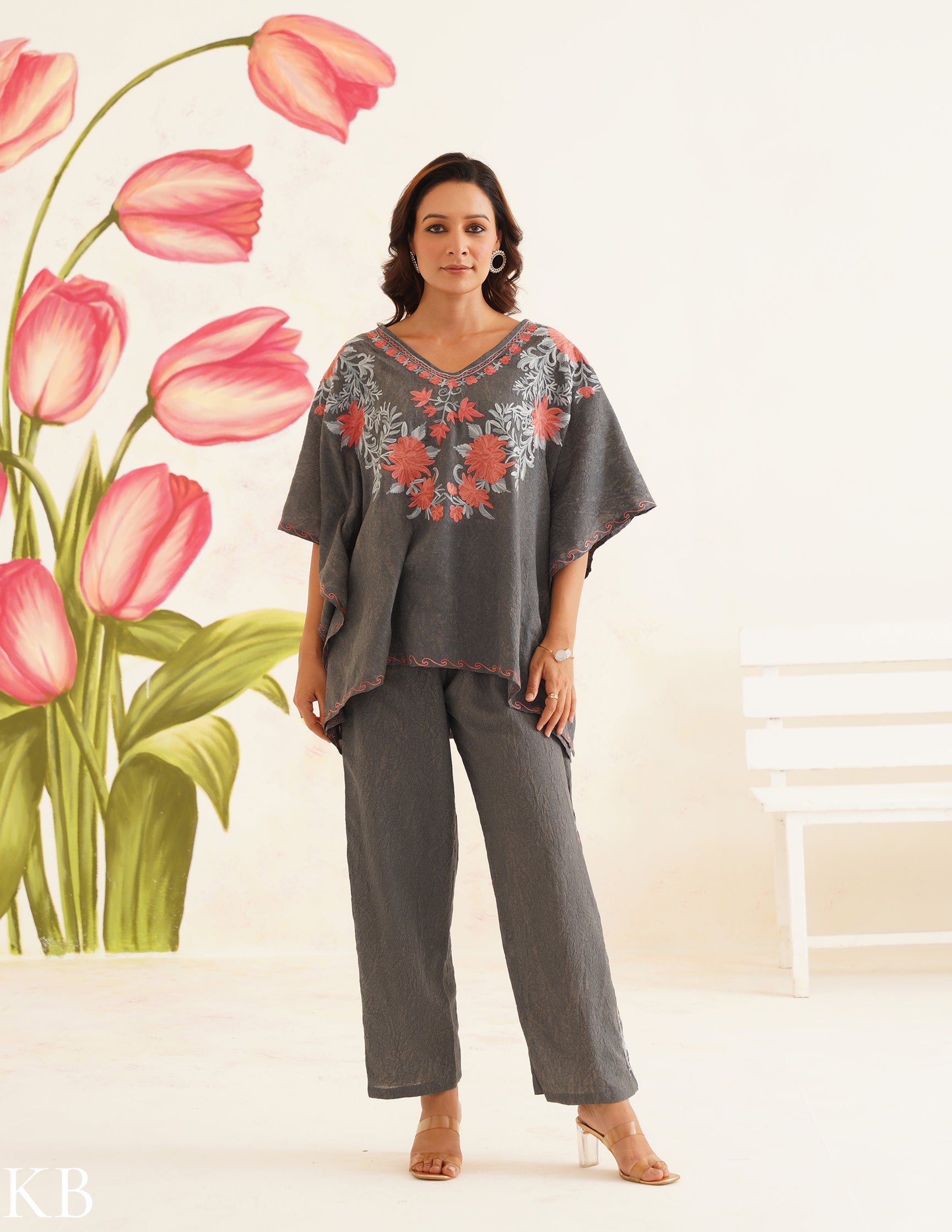 Charcoal Gray Aari Embroidered Cotton Kaftan Set | Comfortable Loose-Fit Coordinated Outfit | Summer Ethnic Wear - Kashmir Box