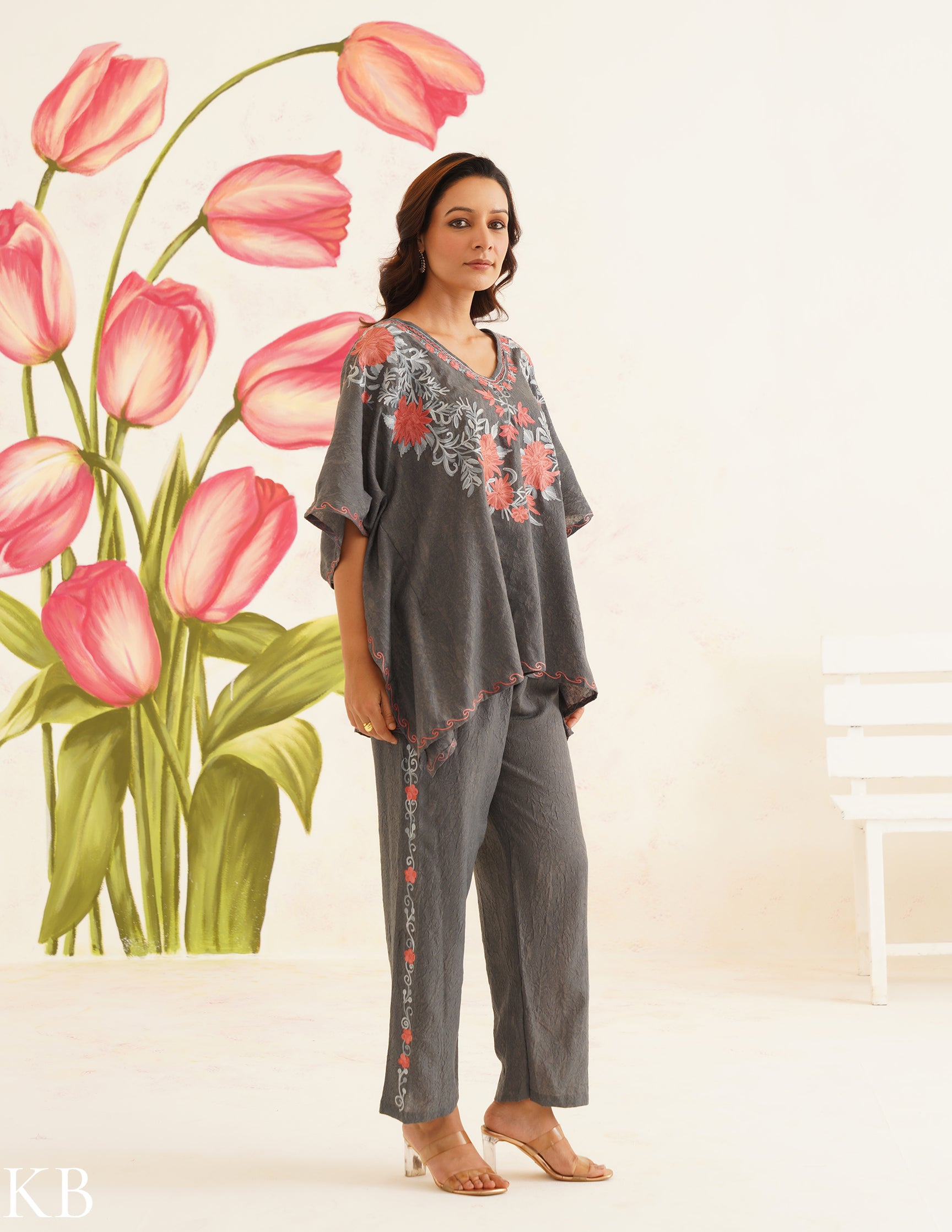Charcoal Gray Aari Embroidered Cotton Kaftan Set | Comfortable Loose-Fit Coordinated Outfit | Summer Ethnic Wear - Kashmir Box