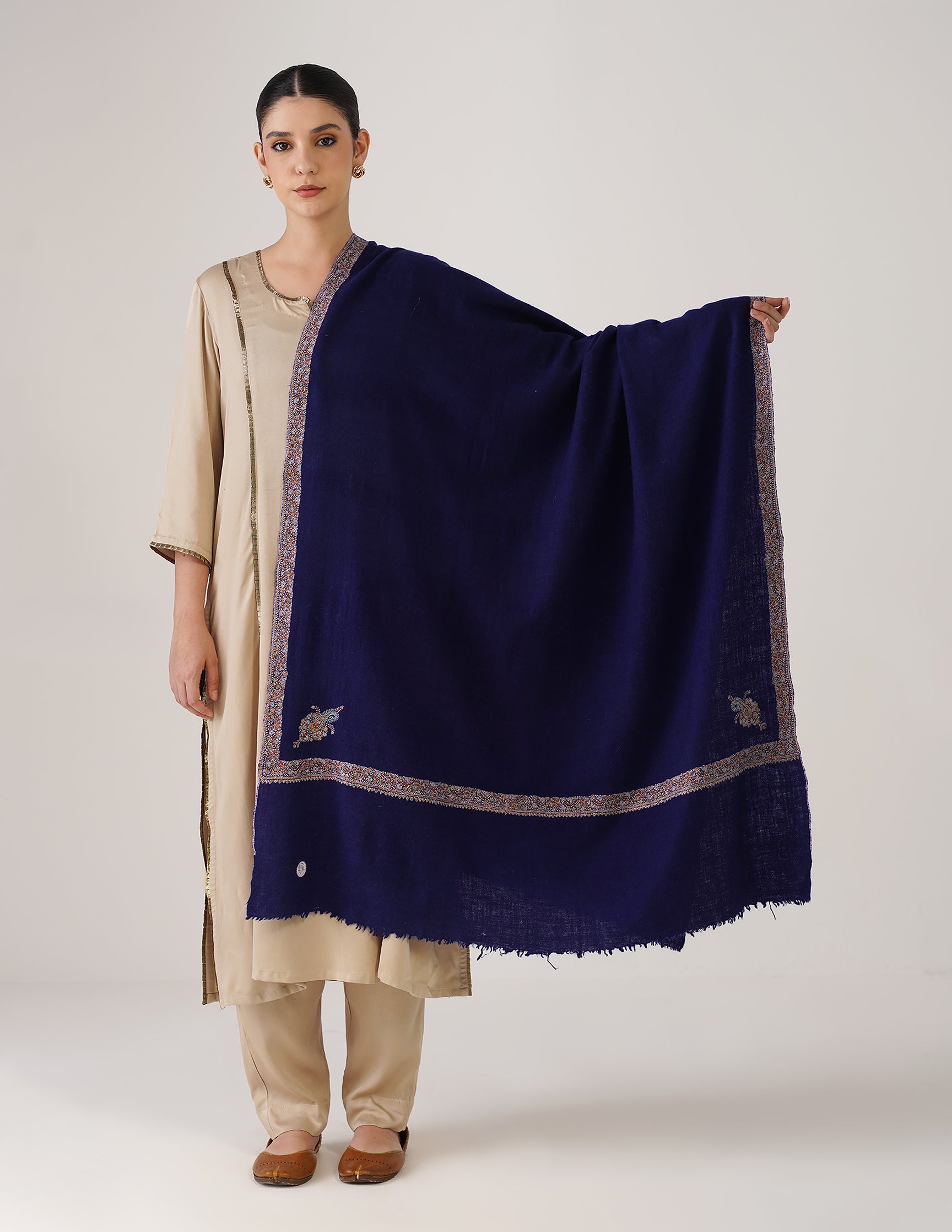 Kashmiri Handwoven Pashmina Sozni Hashidaar Shawl – Navy Blue | Luxury Heritage - Kashmir Box