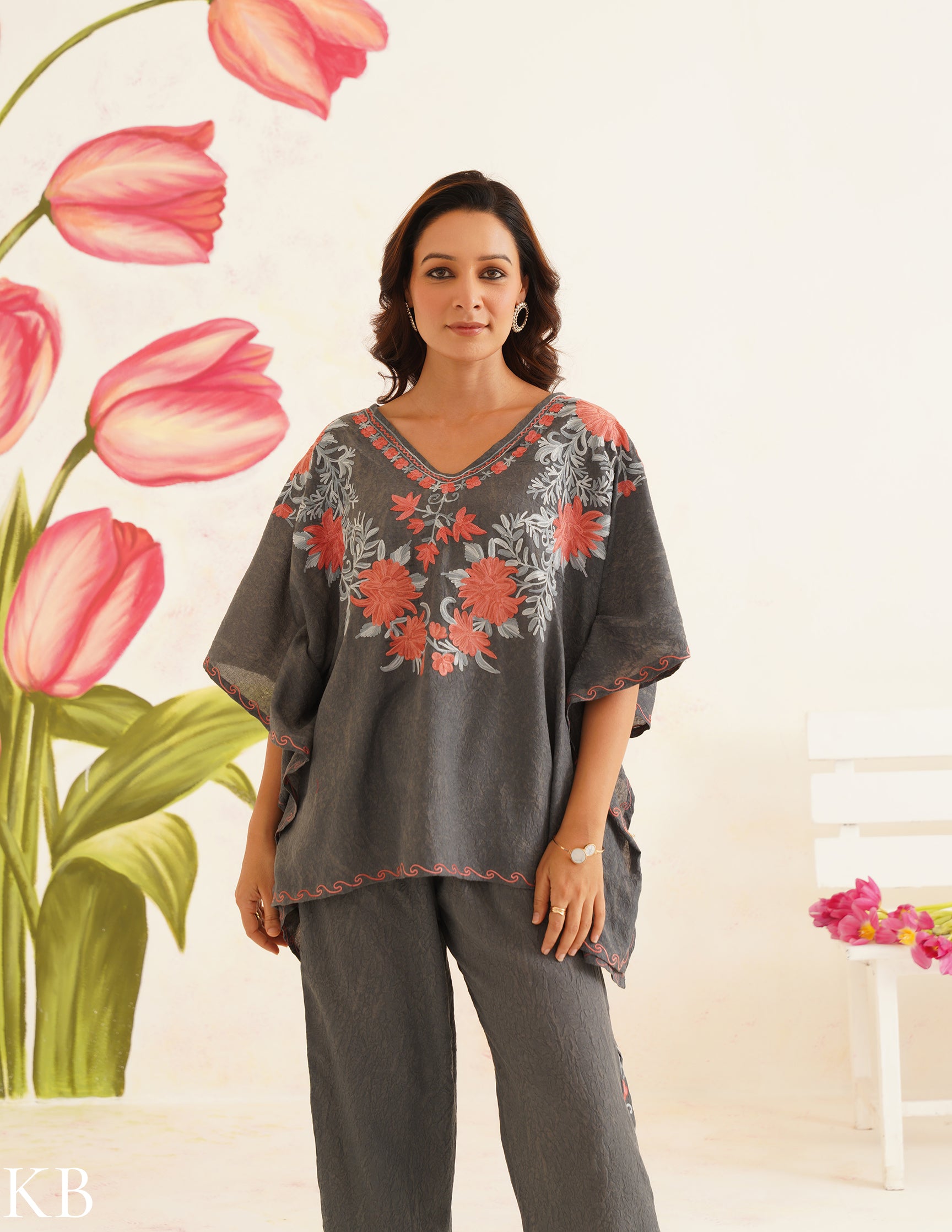 Charcoal Gray Aari Embroidered Cotton Kaftan Set | Comfortable Loose-Fit Coordinated Outfit | Summer Ethnic Wear - Kashmir Box