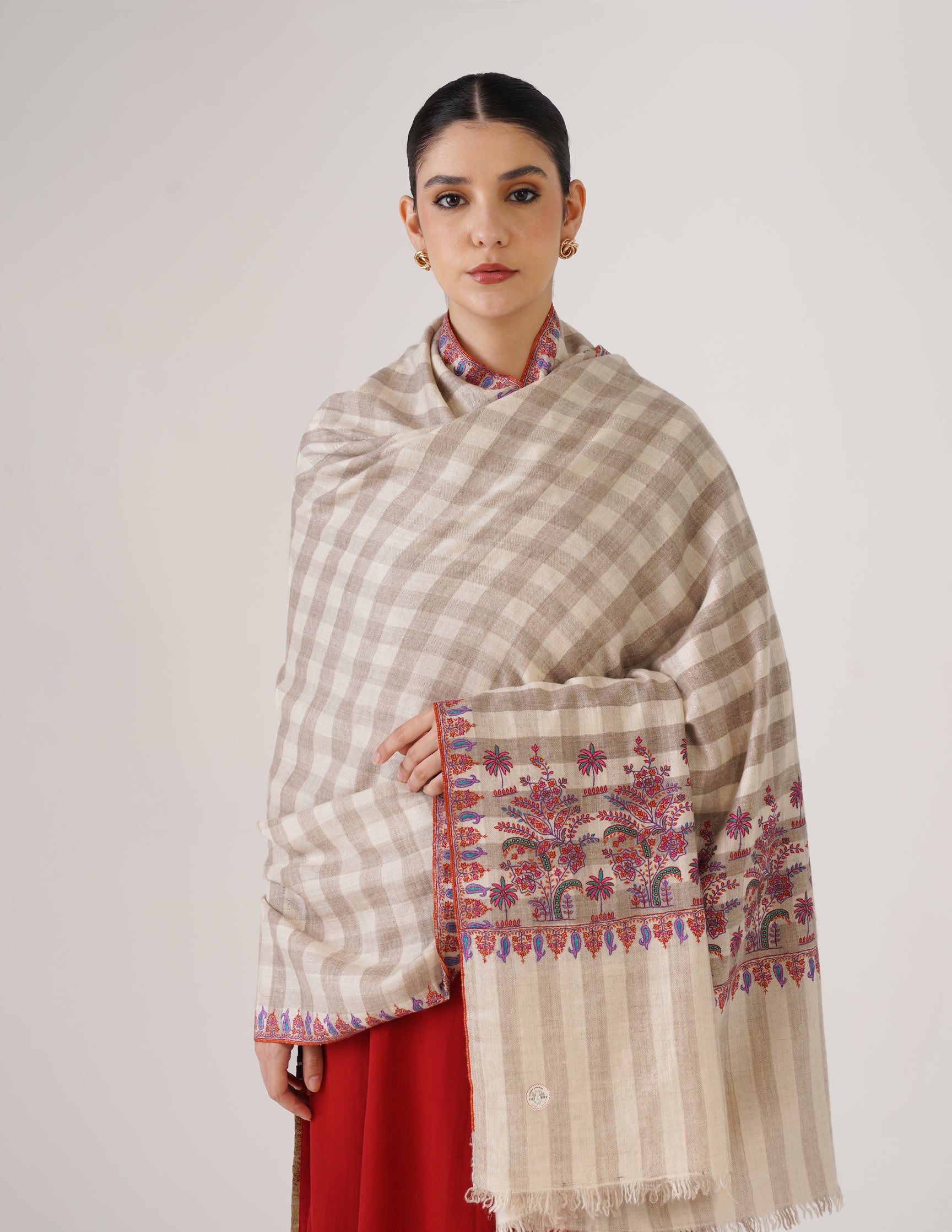 Kashmiri Handwoven Pashmina Striped Sozni Shawl Paldaar – White | Handwoven Heritage - Kashmir Box